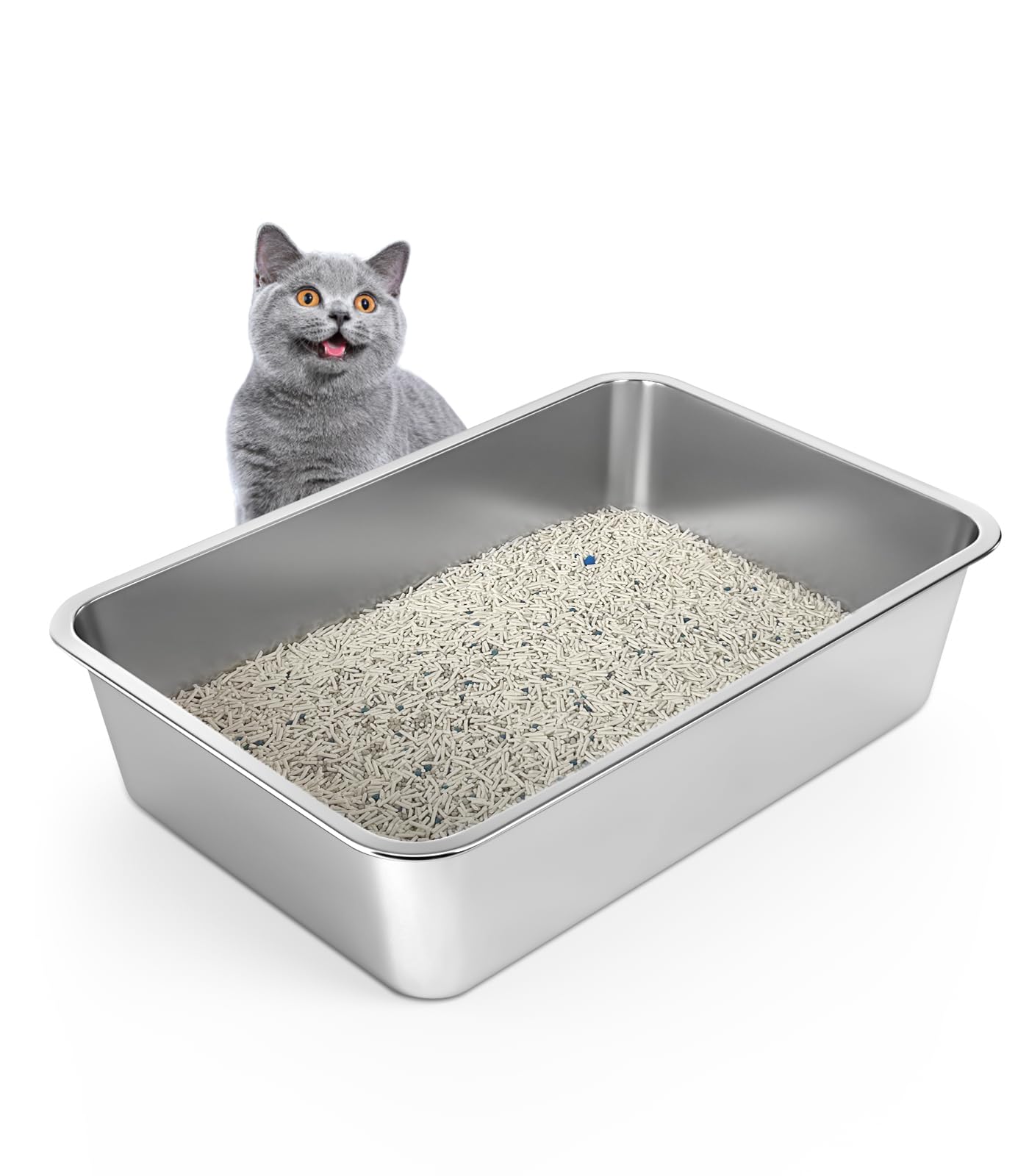 Wenbokmin Stainless Steel Cat Litter Box, 6In Cat Litter Pan For Large Cats And Rabbits, Extra Large Metal Litter Box High Sides