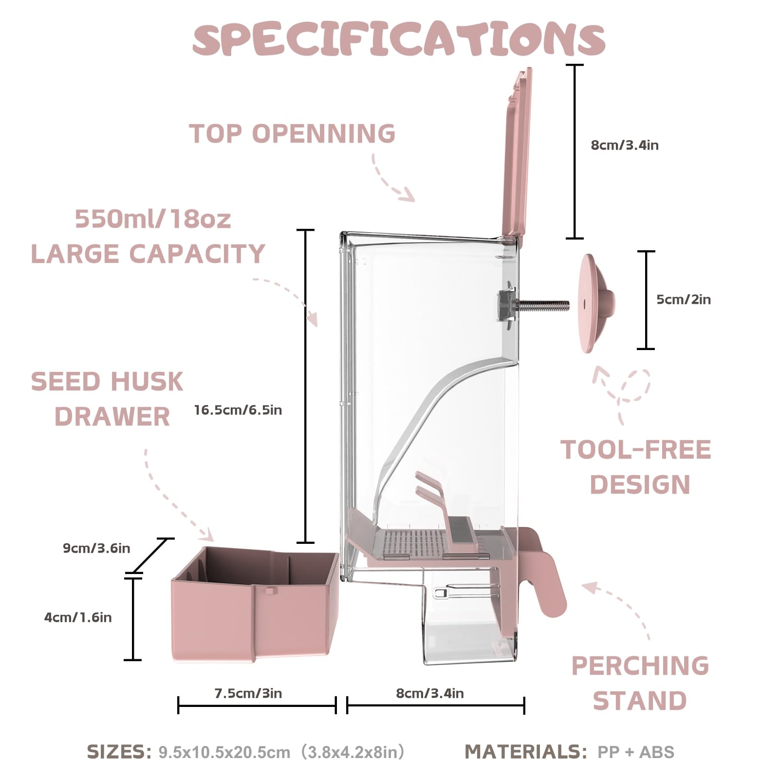 Automatic Bird Feeder, Bird Cage Feeder with Perch for Parakeet Canary Cockatiel Finch (Pink)