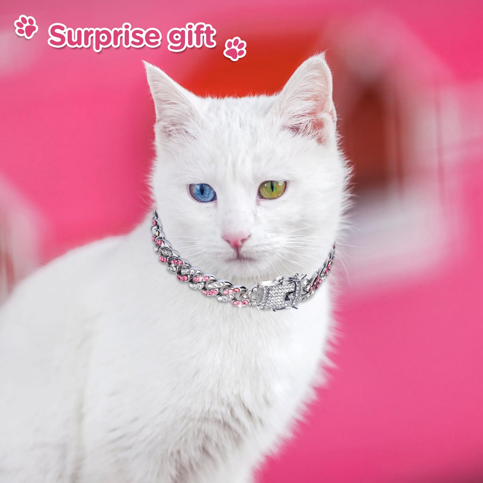 9Inch Glitter Dog Collar Pink Silver Diamond Collars Cuban Girl Necklace Puppy Pet Metal Link Chain With Buckle Christmas Pet Jewelry Accessories Chain For Small Dogs Cats