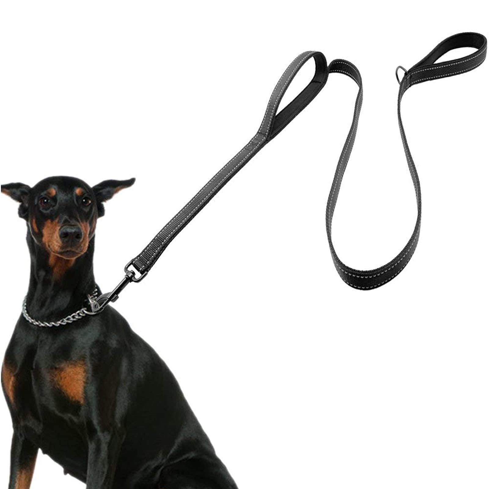 Dog Leash For Large Dogs, Traffic Padded 2 Handles For Extra Control, 6 Ft Long With Reflective Stitch For Night Walking Black