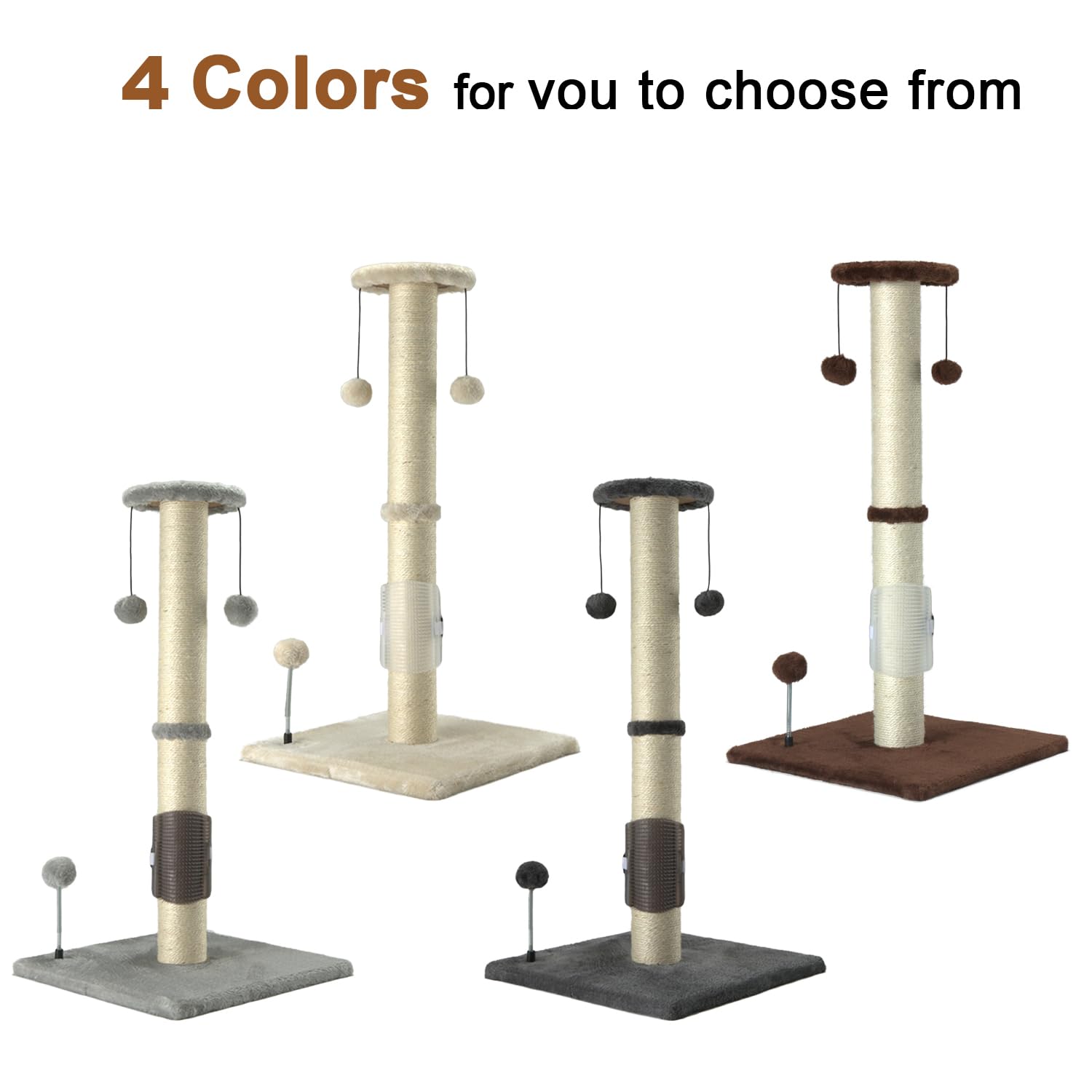 Peekab 32' Tall Cat Scratching Post Sisal Rope Scratch Posts With Hanging Ball And Self-Massage Brush Vertical Scratcher For Indoor Cats And Kittens(Brown 32Inches)