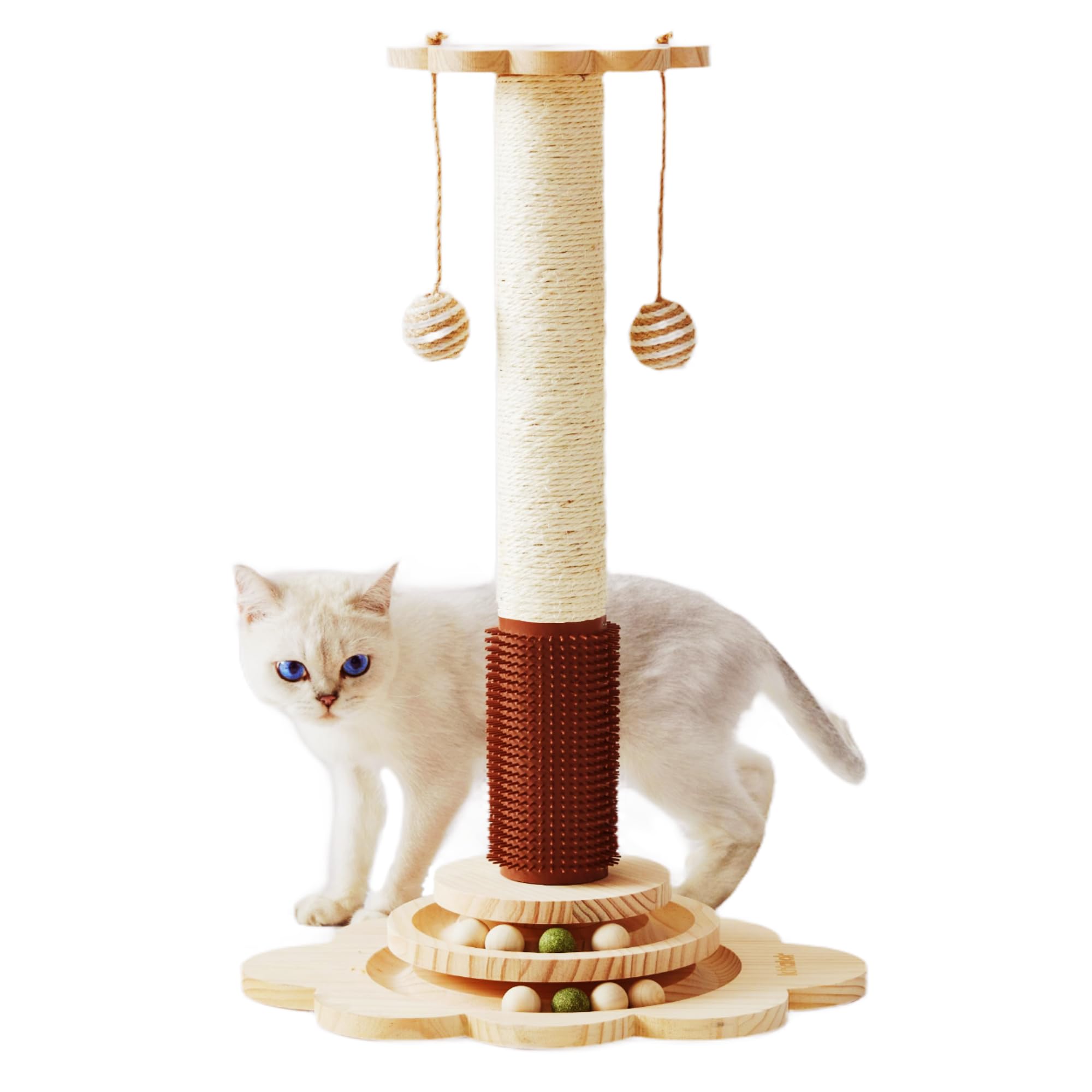 KHALOR Cat Sisal Scratching Post, 4 in 1 Wooden Cat Scratcher Toy with Groomer, 24 Tall Scratch Post with 2-Layer Interactive Tr