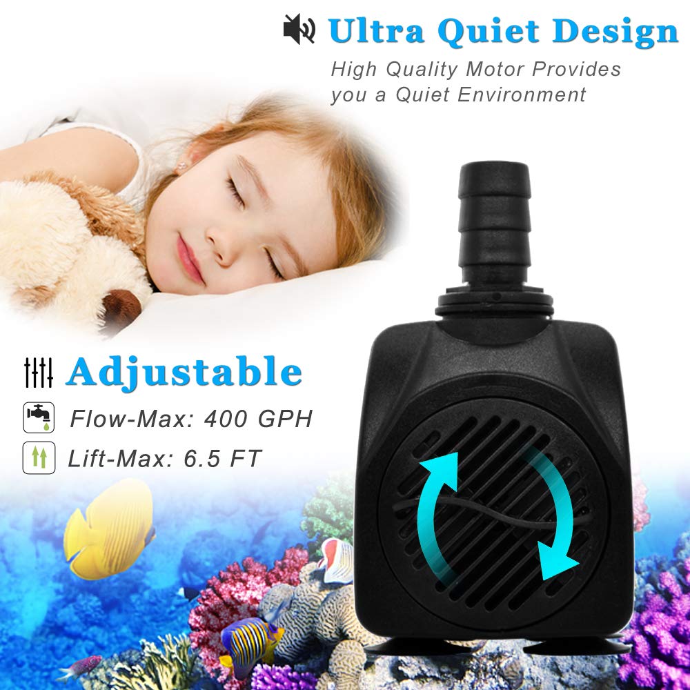 PULACO 400GPH 25W Submersible Water Pump with 5 ft Tubing for Pond, Aquarium, Hydroponics - Durable Black Fountain Pump