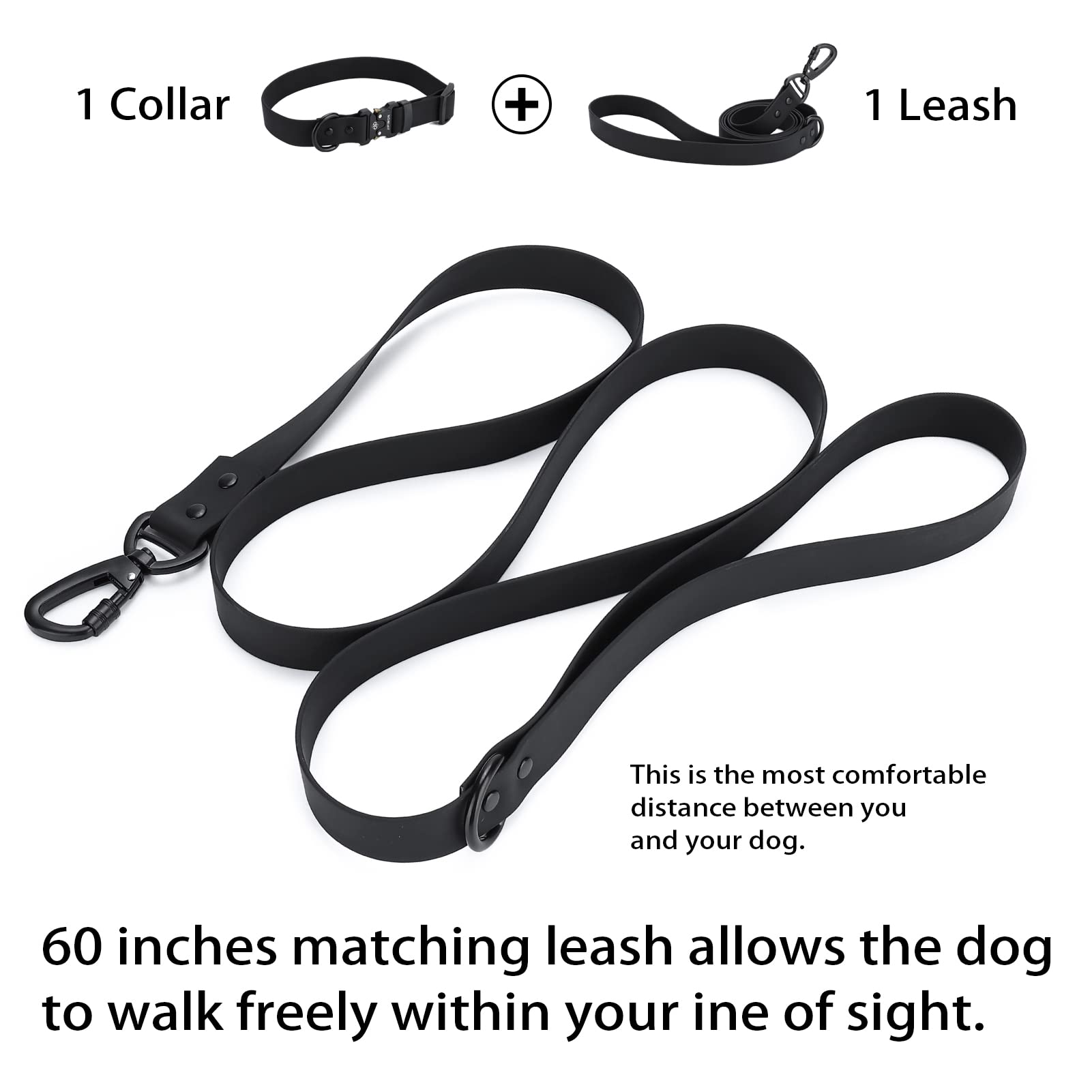 Jipimon Waterproof Dog Collar And Leash Set Adjustable Quick Release Buckle Collar Leash For Small Medium Large Dogs (Medium, Black)