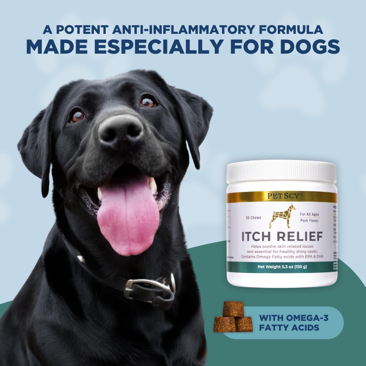 Petscy Dog Itch Relief Chews with Omega 3 - 30 Chews, Pork Flavor, Nutritional Support for Itchy Skin