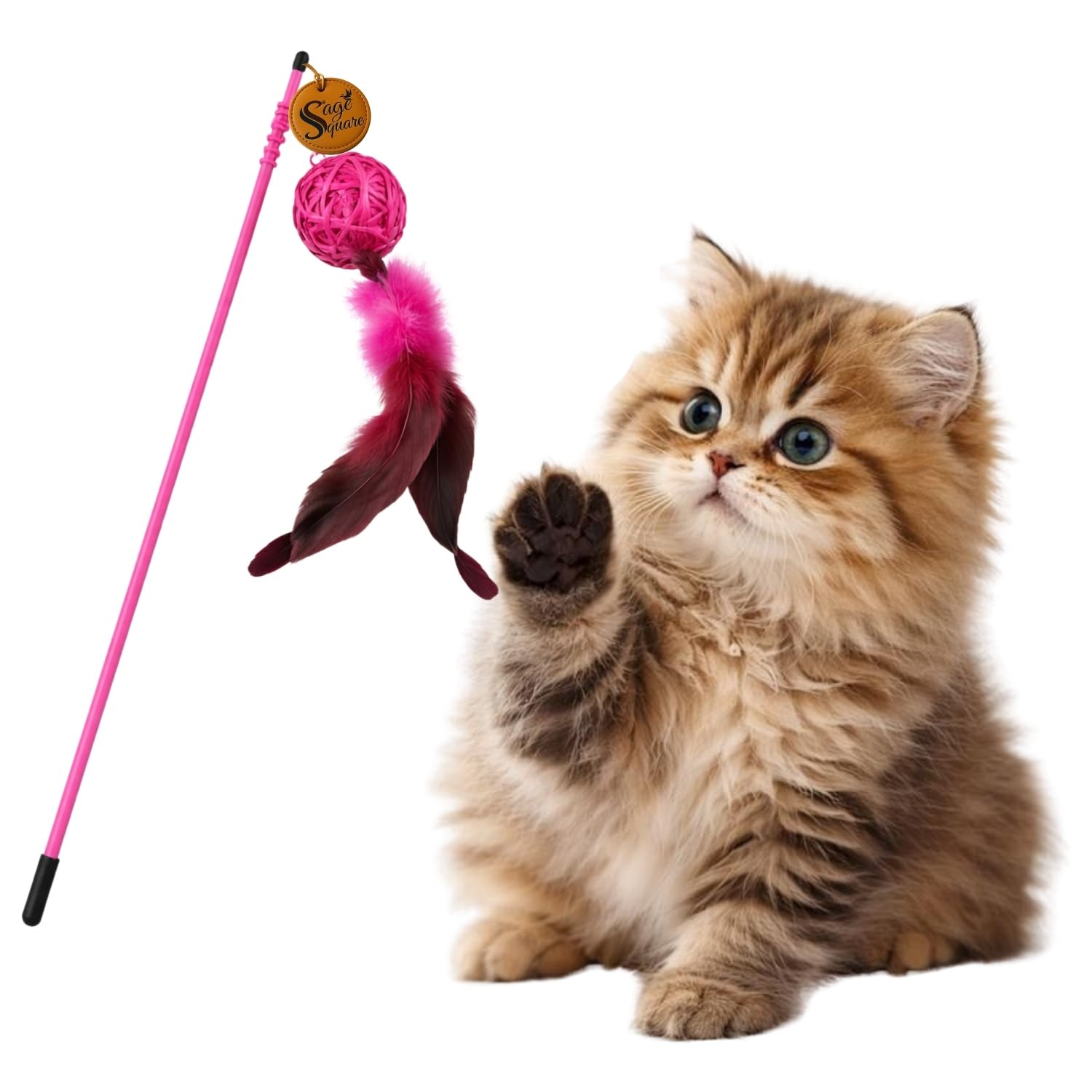 Sage Square Cat Teaser Stick Toy With Bell & Feather | Interactive Wand For Cats & Kitten | String Chase Toy For Exercise & Play