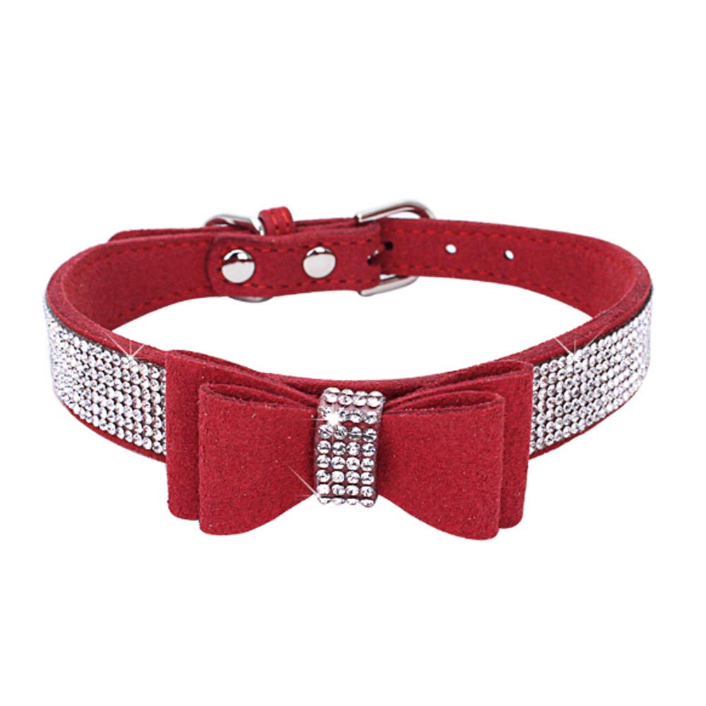 Dogs Kingdom 10-24 Length Cute Pet Dog Velvet Bow Tie Collar Puppy Cat Full Crystal Rhinestone Necklace Adjustable,Red,Xxs