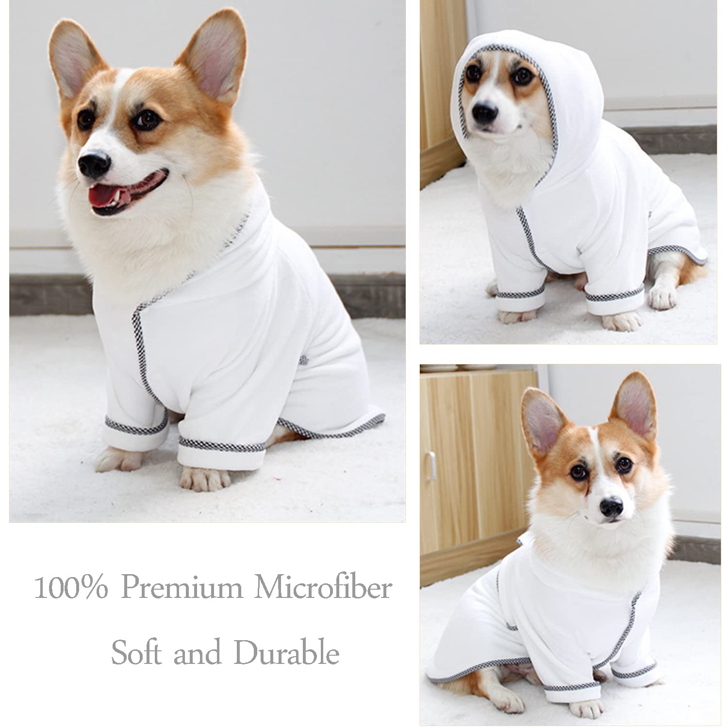 Dog Bathrobe, Microfiber Fast Drying Absorbent Hooded Bath Towel White For Puppy Small Medium Large Dog Cat (L, White)