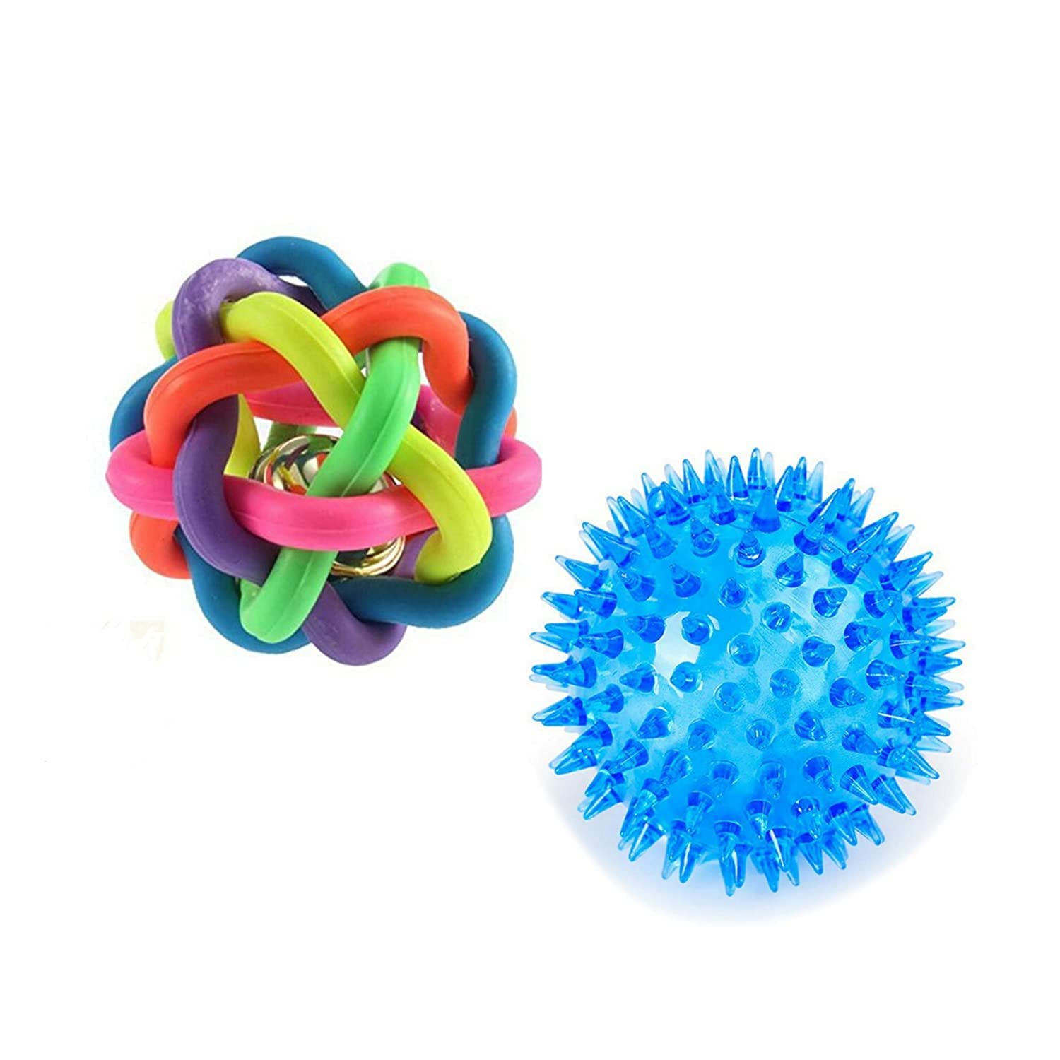 W9 Pet Products Woven Rainbow Bell Ringing Ball And Free Led Squeaky Lighting Ball For Small Puppies(Multicolor)Pack Of 2