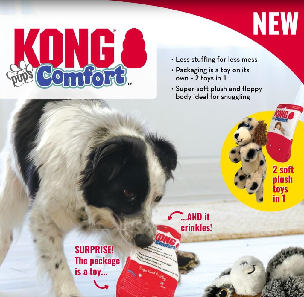 Kong Comfort Pups Low Stuffing Plush Fur And Crinkly Noise With Squeaker (Medium, Ozzie)
