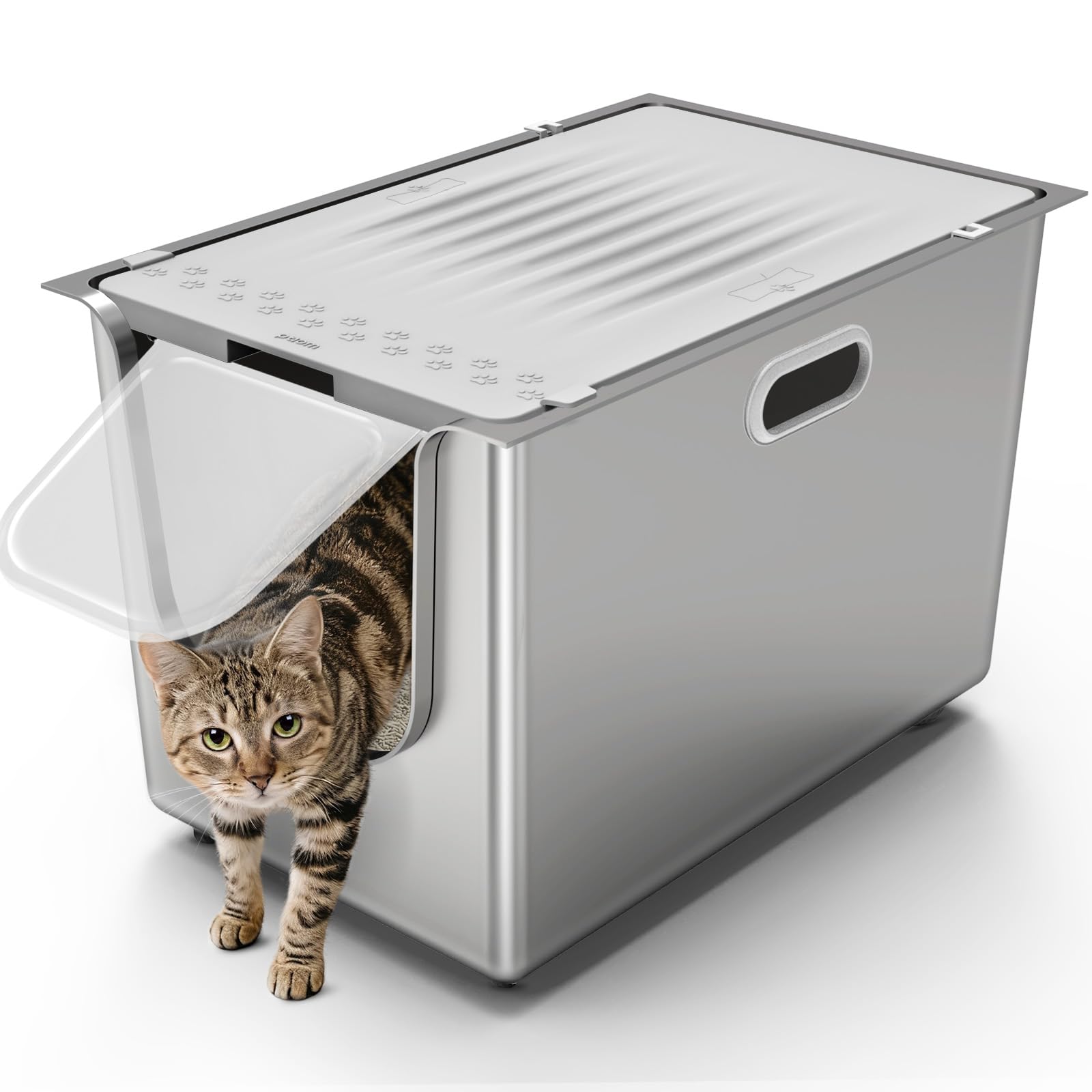 Stainless Steel Litter Box with Lid, Cat Litter Box with Door 14.5 High Sides, XL Metal Kitty Litter Pan, Pet Toilet with Whee