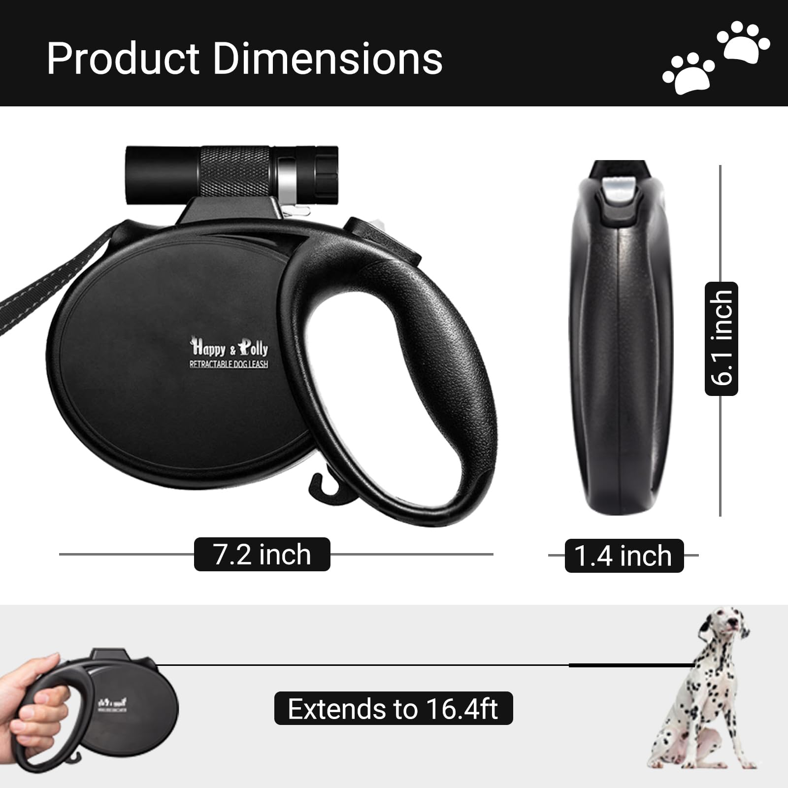 Happy & Polly 4 In 1 Dog Leash Retractable Dog Leash Heavy Duty 16.4 Ft Dog Walking Leash With Flashlight Detachable/Protective Bungee Leash/Magic Box For Small Medium Dogs