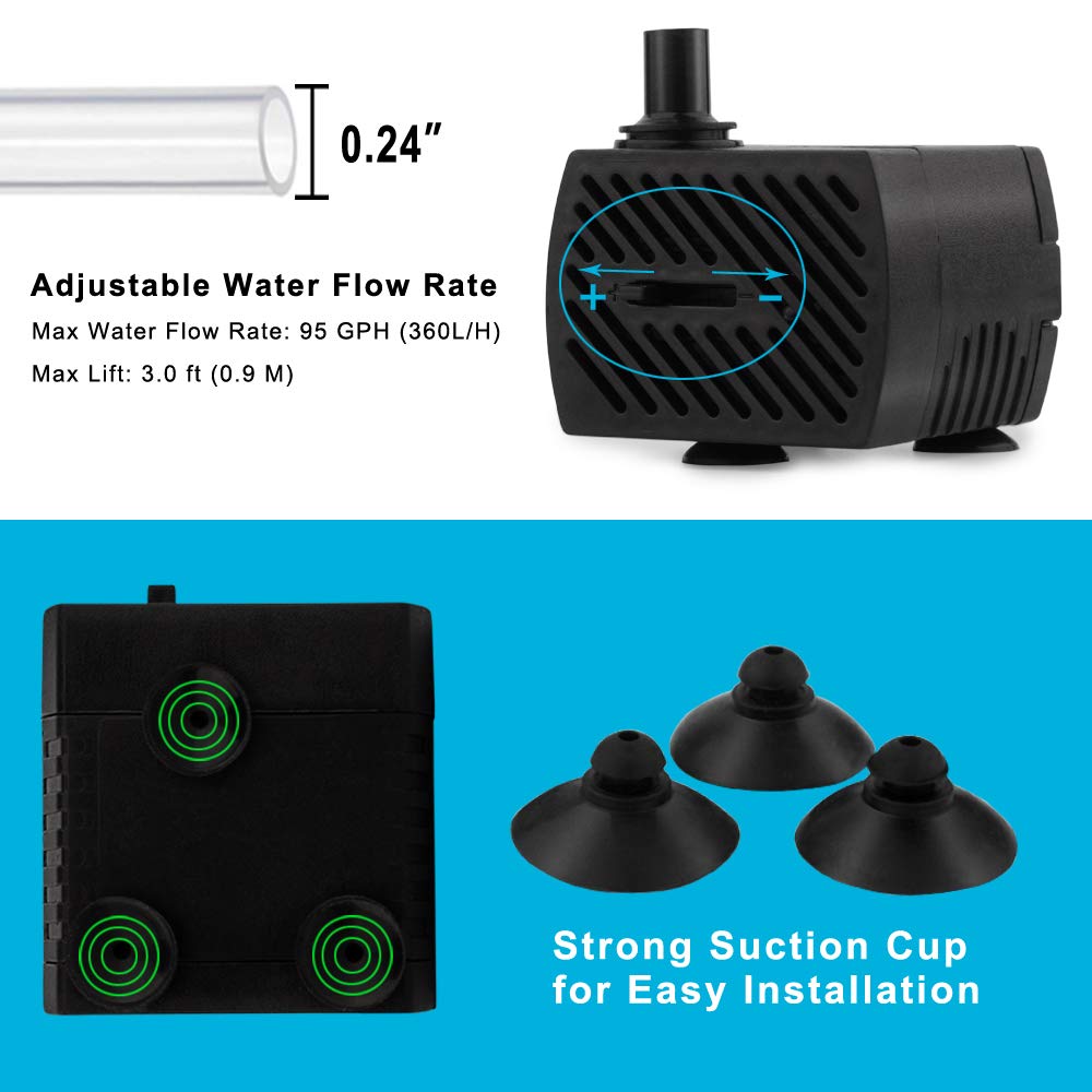 Pulaco 2Pcs Mini Submersible Water Pump (95Gph 5W) For Aquarium Fish Tank, Pond, Fountain, Hydroponics