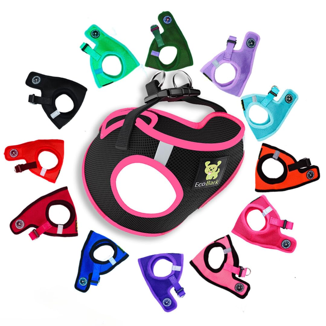 Ecobark Step In Dog Harness - Eco-Friendly Teacup Dog Harnesses For Xxs, Xs, And Small Dogs - Reflective And Adjustable Mini Body Halter Vest -Tiny Soft Mesh Toy Breed Harness (Xxxs, Black And Pink)