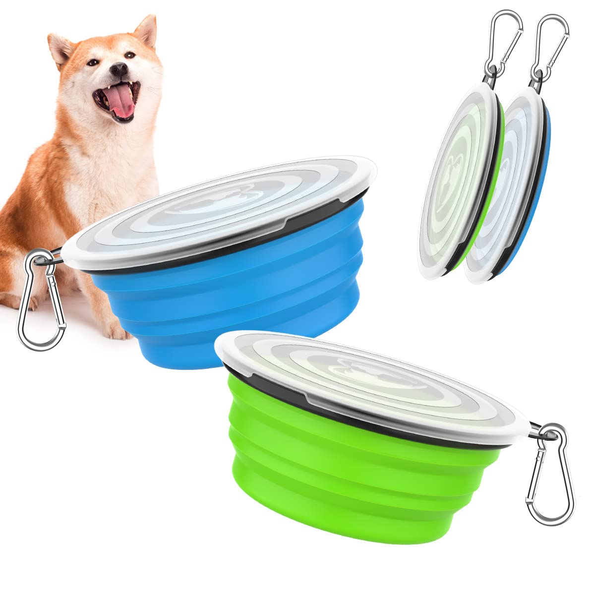 Pawaboo Collapsible Dog Bowls 2 Pack, Silicone Feeding Watering Bowls With Lids & Carabiners For Dogs Cats, Portable Collapsable Water Feeder Food Bowl For Walking Traveling Home Use, Blue + Green