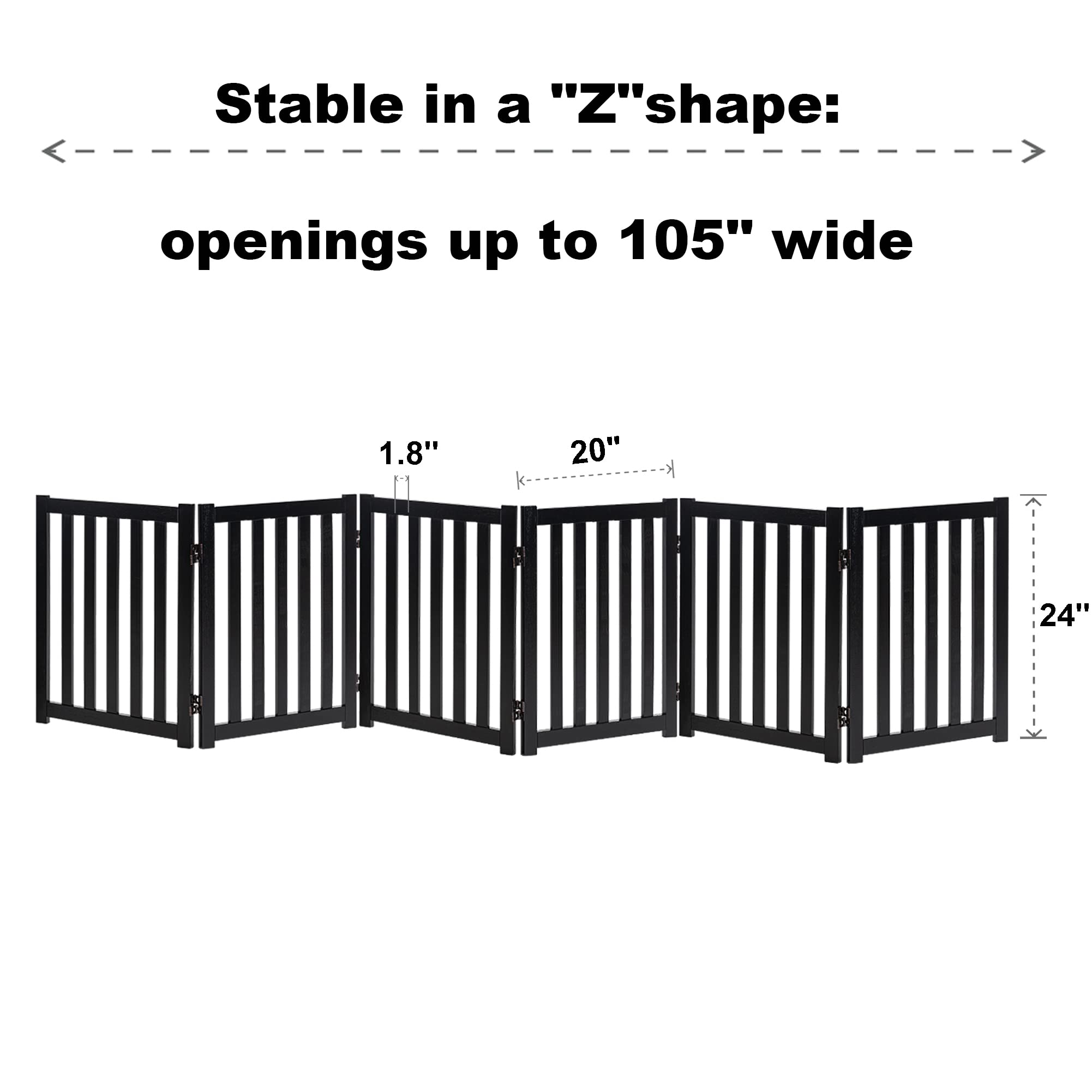 Lzrs 6-Panel Extra-Wide Freestanding Wooden Dog Gate ?24?igh Foldable Safety Pet Barrier For Doorways, Hallways, Kitchens, And Long Staircases, Durable Design Fit Small To Medium Dogs, Black