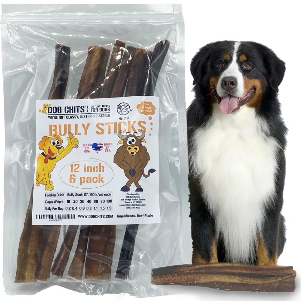 Dog Chits Bully Sticks for Dogs and Puppies | 12-inch, 6 Pack | Natural Healthy Long Lasting Chew for Large and Small Dogs Prote