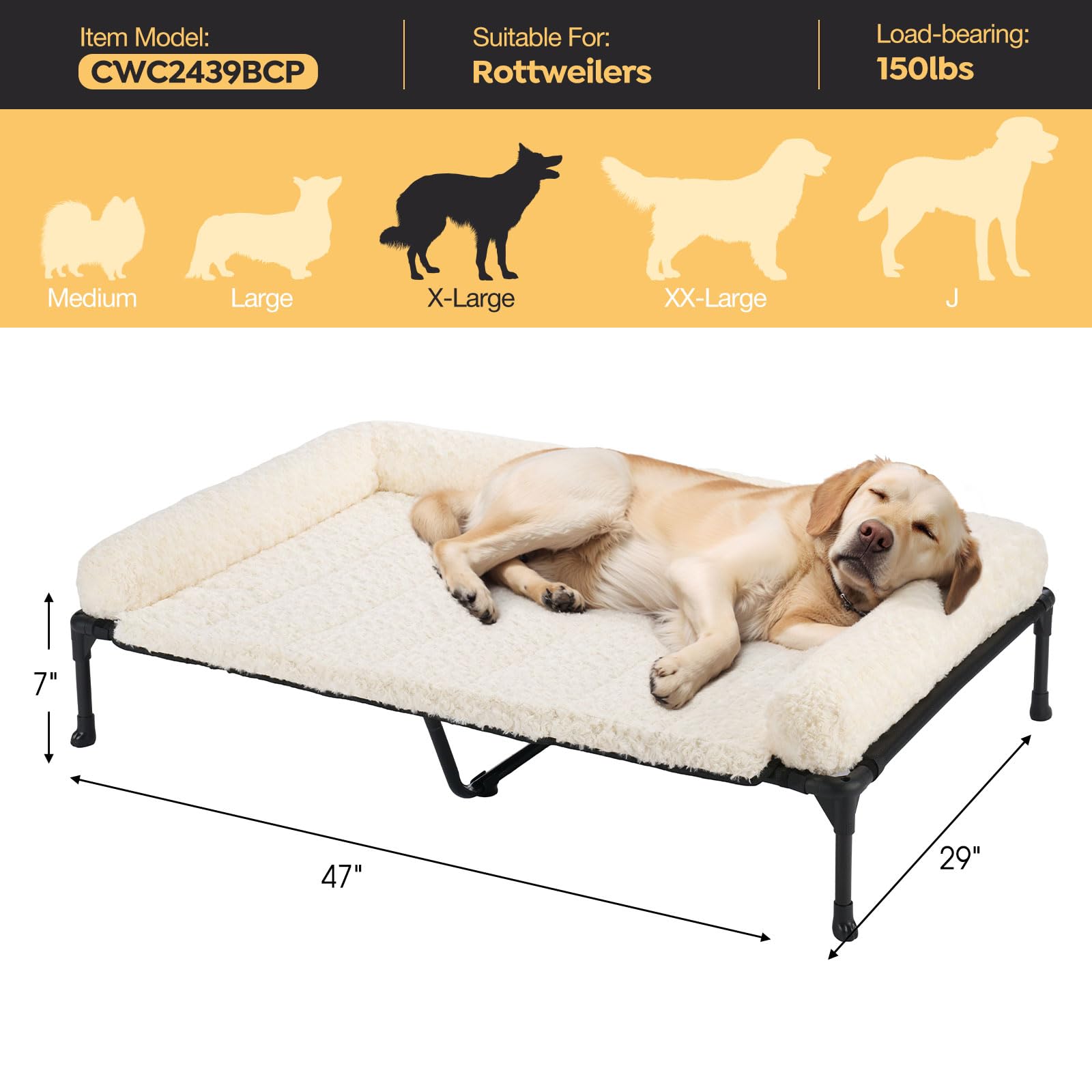Veehoo Elevated Dog Bed with Removable Plush Bolster, 47"x29", White-Rose Velvet, Washable Cot with Breathable Mesh and No-Slip Feet