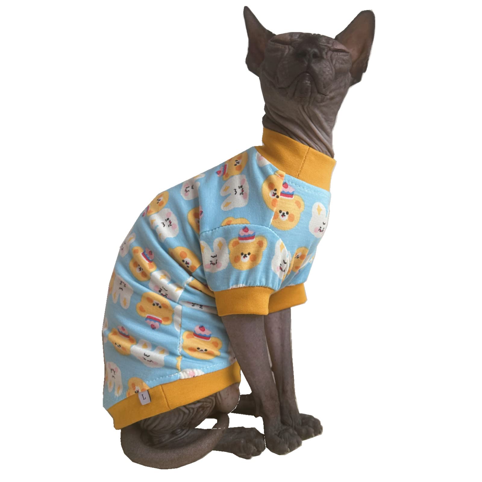 Sphynx Hairless Cat Cute Summer Cotton T-Shirts Pet Clothes,Round Collar Kitten Shirts Cats Apparel (Bear & Bunny, X-Large (Pack