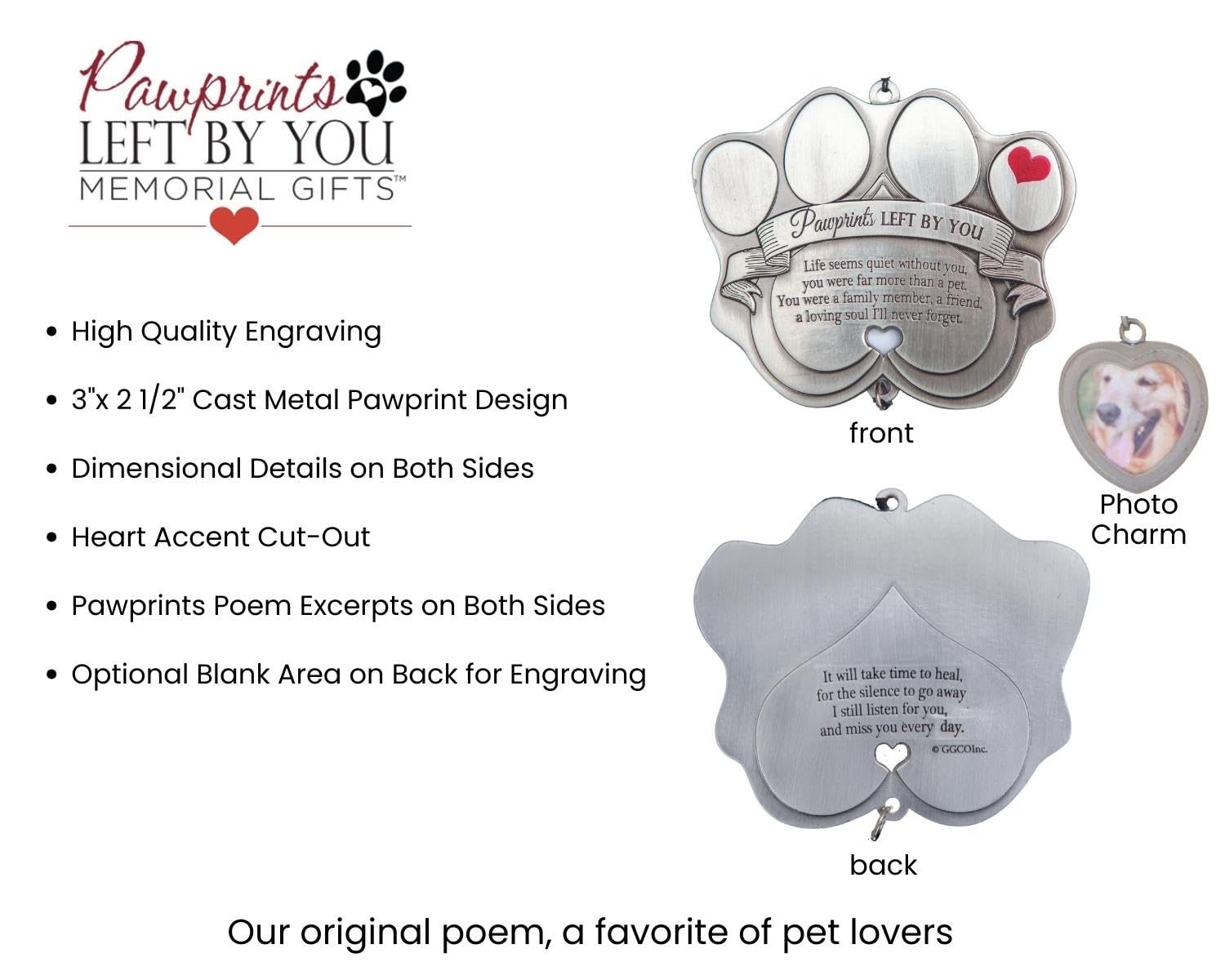 Pet Memorial Ornament - 3' Metal Casted Paw Print Design Ornament With Photo Charm - Beautiful Remembrance Gift For A Grieving Pet Owner - Includes Pawprints Left By You Poem Card