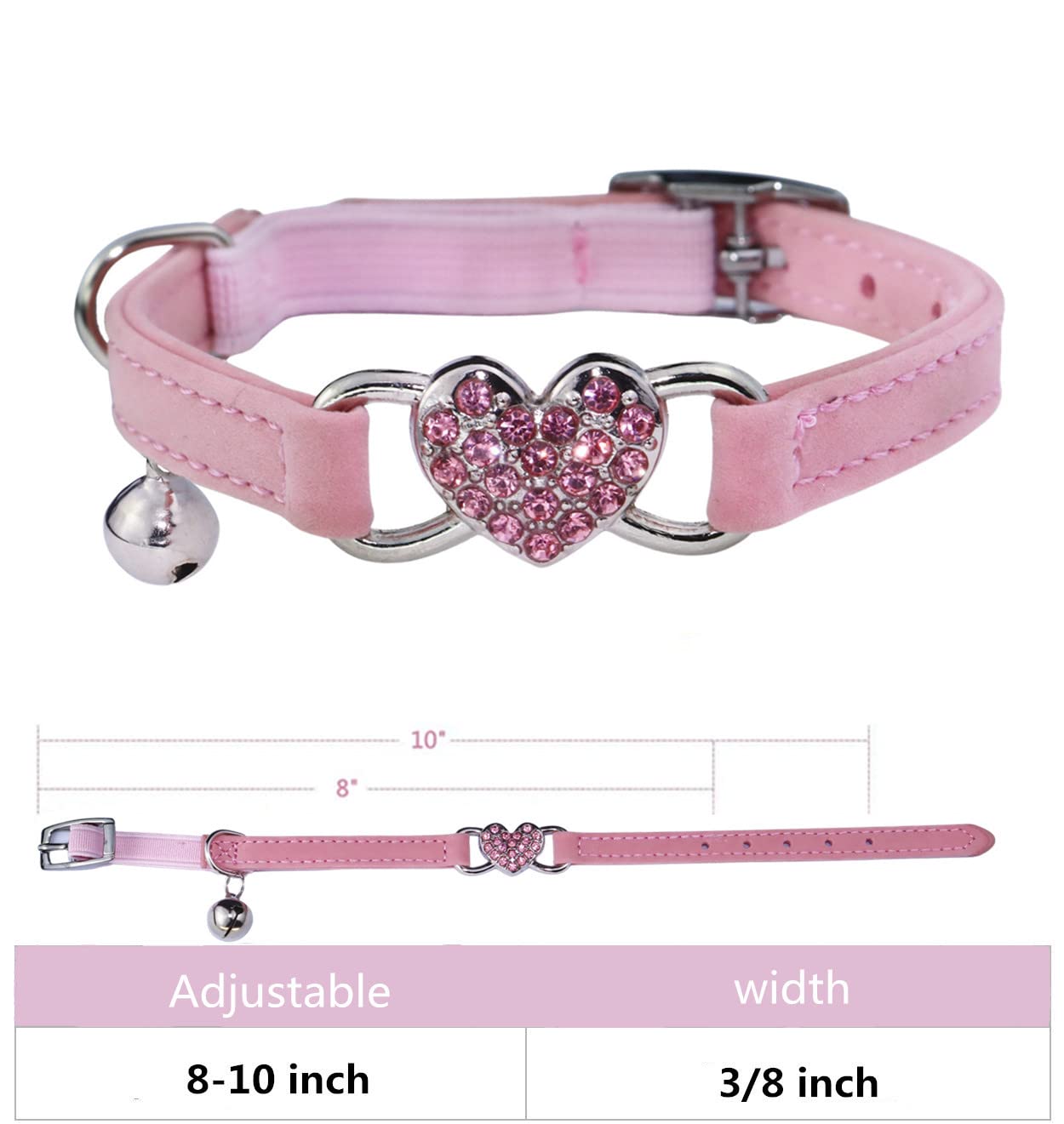 Wdpaws Heart Bling Cat Collar With Safety Belt And Bell Adjustable 8-10 Inches For Kitten Cats (Black+Pink)