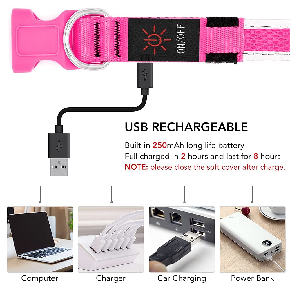 YFbrite Light up Dog Collar, USB Rechargeable LED Puppy Collar Super Bright Adjustable Glowing Dog Lights for Night Walking (Pin