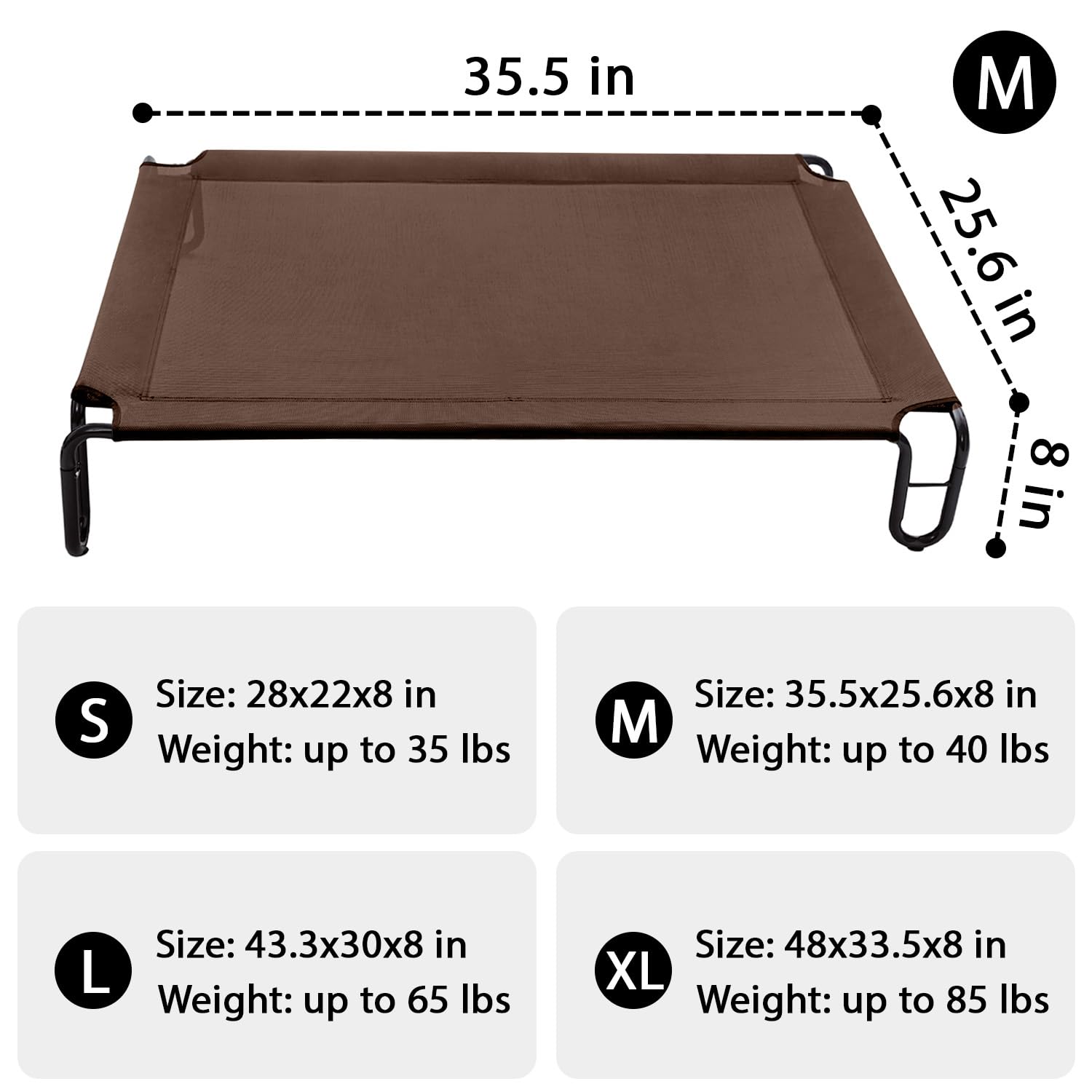 Pettycare Elevated Outdoor Dog Bed - Dog Cots Beds For Medium Dogs, Waterproof Raised Dog Bed Easy To Assemble, Cooling Elevated Dog Bed With Teslin Mesh, Durable, Non Slip, Up To 40 Lbs,Brown