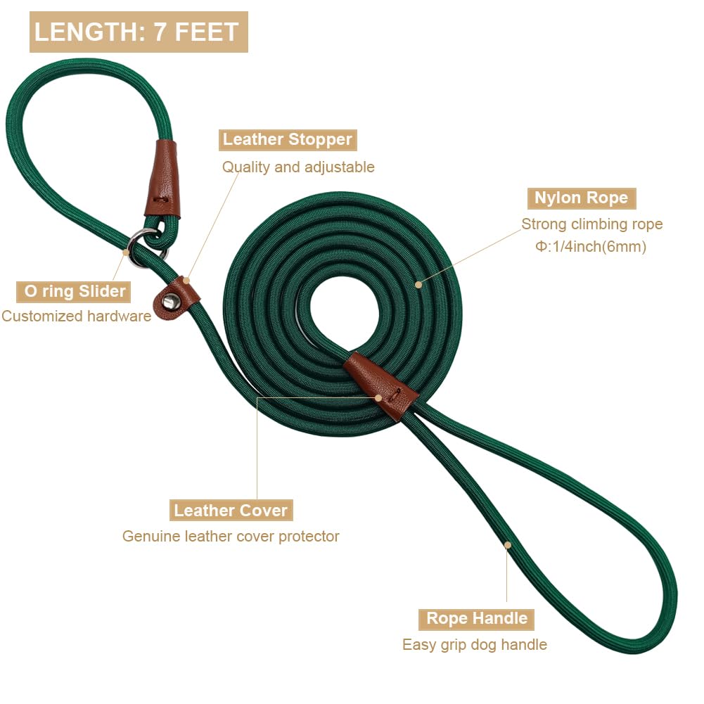 Btinesful 7Ft Slip Lead Dog Leash, Strong Nylon Rope Leash, 1/4 Inch Diam Dog Training Lead For Small Medium Large Dogs, Dark Gr