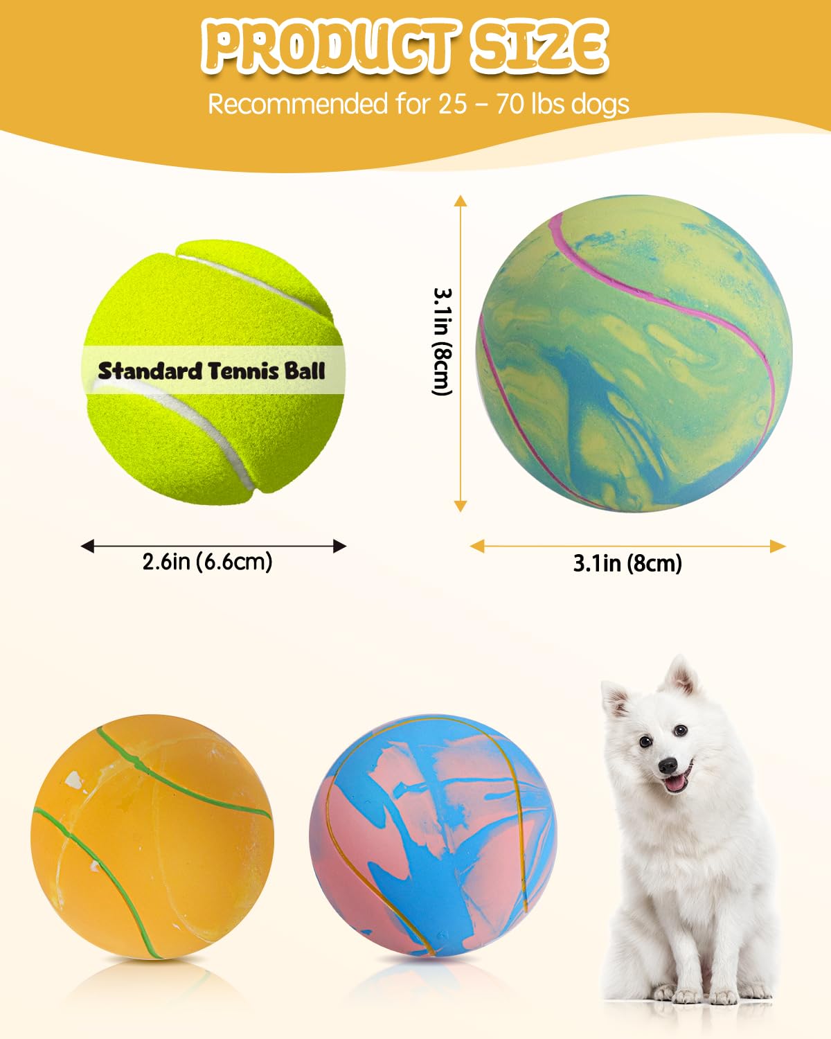 Schitec Dog Squeaky Ball Toys, Interactive Tennis Balls For Fetch Play, Latex Rubber Pet Toy For Medium Large Breed Dogs