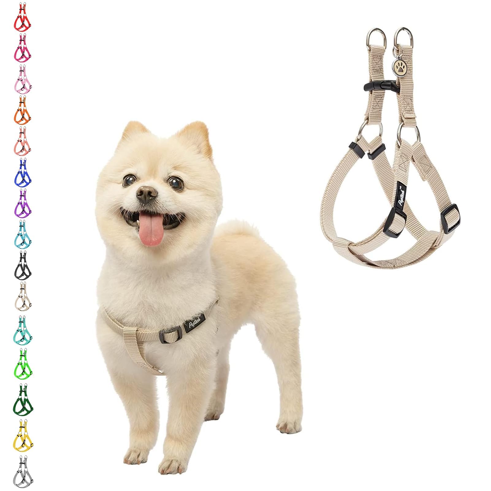 Pupteck No Pull Dog Harness Soft Adjustable Basic Nylon Step In Puppy Vest Outdoor Walking With Id Tag, Cream, Xs