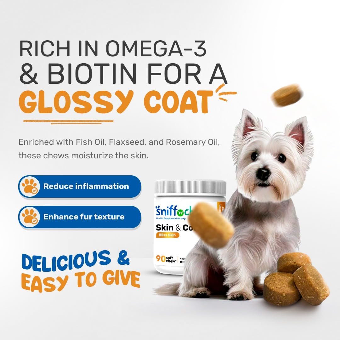 Sniff n Chomp Fish Oil for Dogs, Omega 3, with Wild Salmon Oil, Biotin, and Vitamin C, Fish Oil Dogs for Dog Severe Dry Skin S