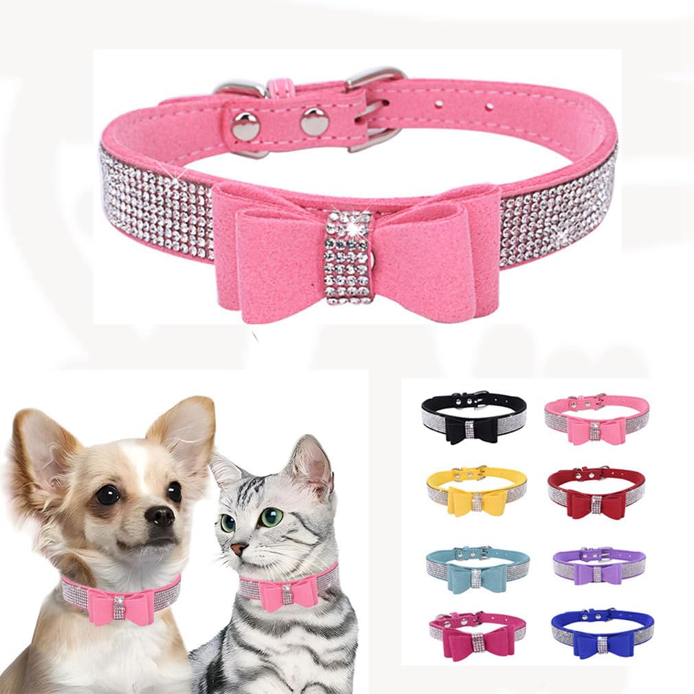 Rhinestone Dog Collar, Xs Dog Collar Girl, Diamond Jewel Glitter Sparkly Bedazzled Puppy Collar With Bow Adjustable For Xxs,Xs,S