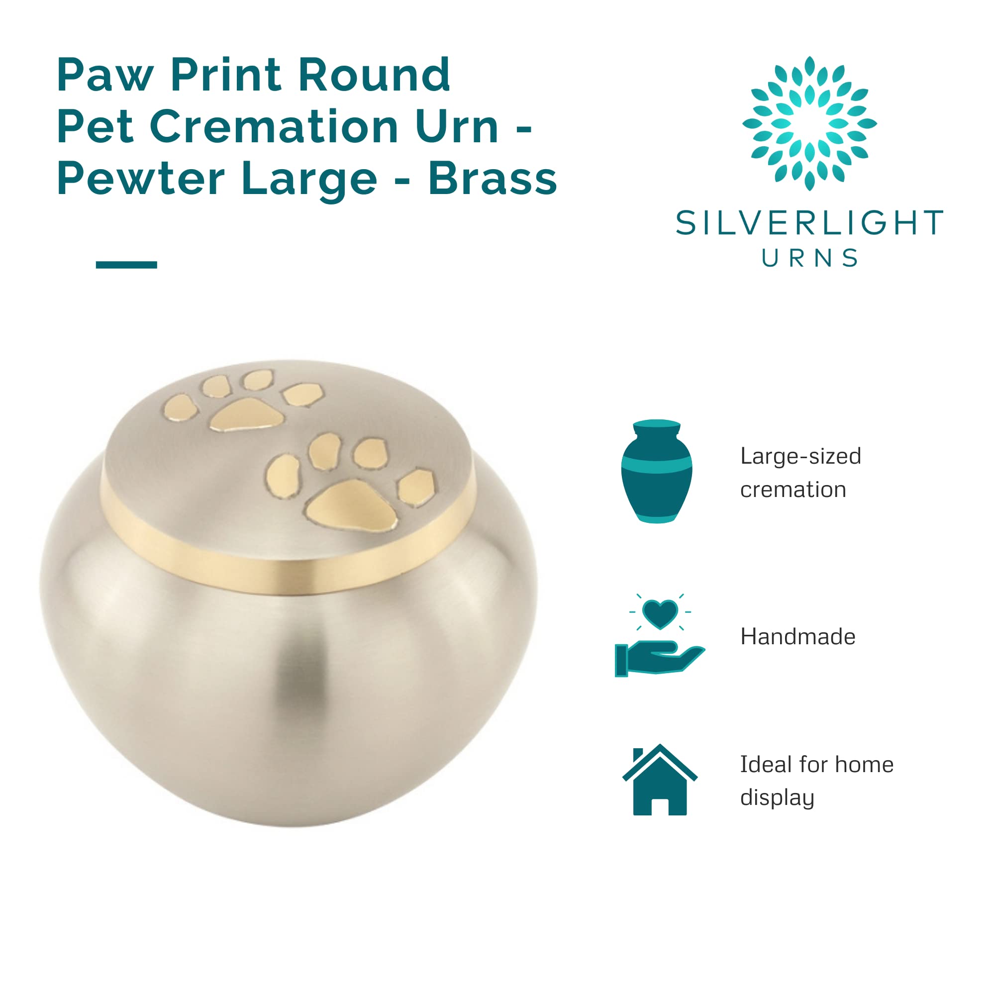 Paw Print Round Pet Cremation Urn For Ashes In Pewter Large, Brass, Silver Urn, Dog Urn, Cat Urn, Large Sized Pet Urn, 4.75 Inches High