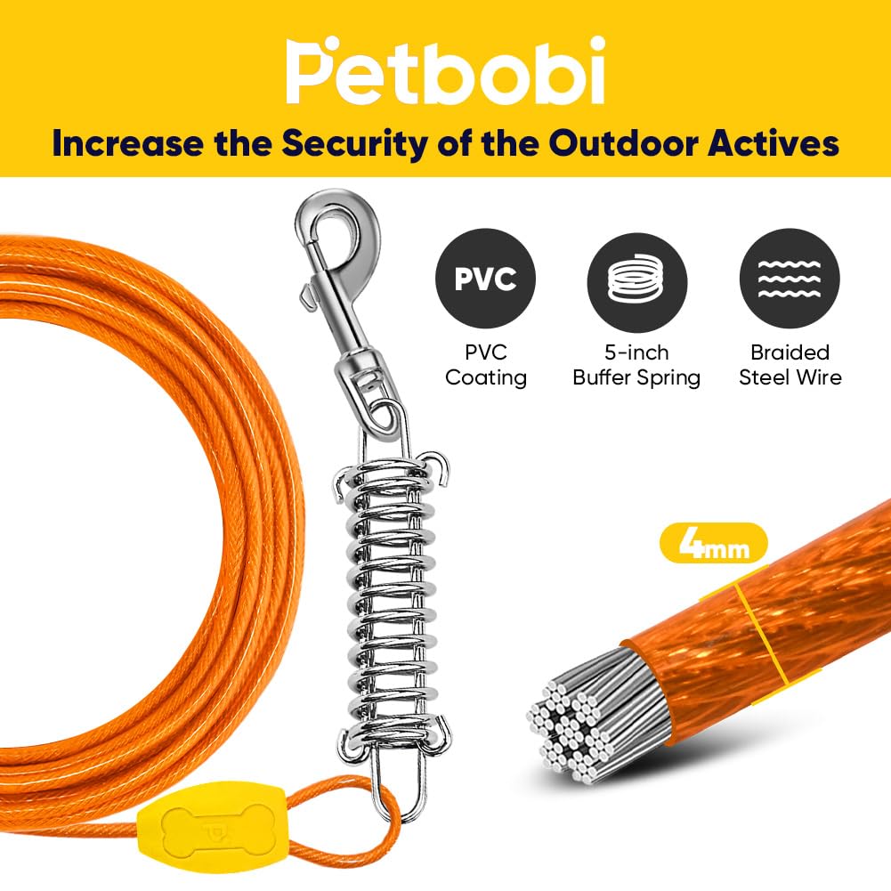 Petbobi Dog Tie-Out Cable And Stake - 20Ft Heavy Duty Cable With Spring, No Tangle, 16In Ground Stake, Ideal For Yard, Camping A