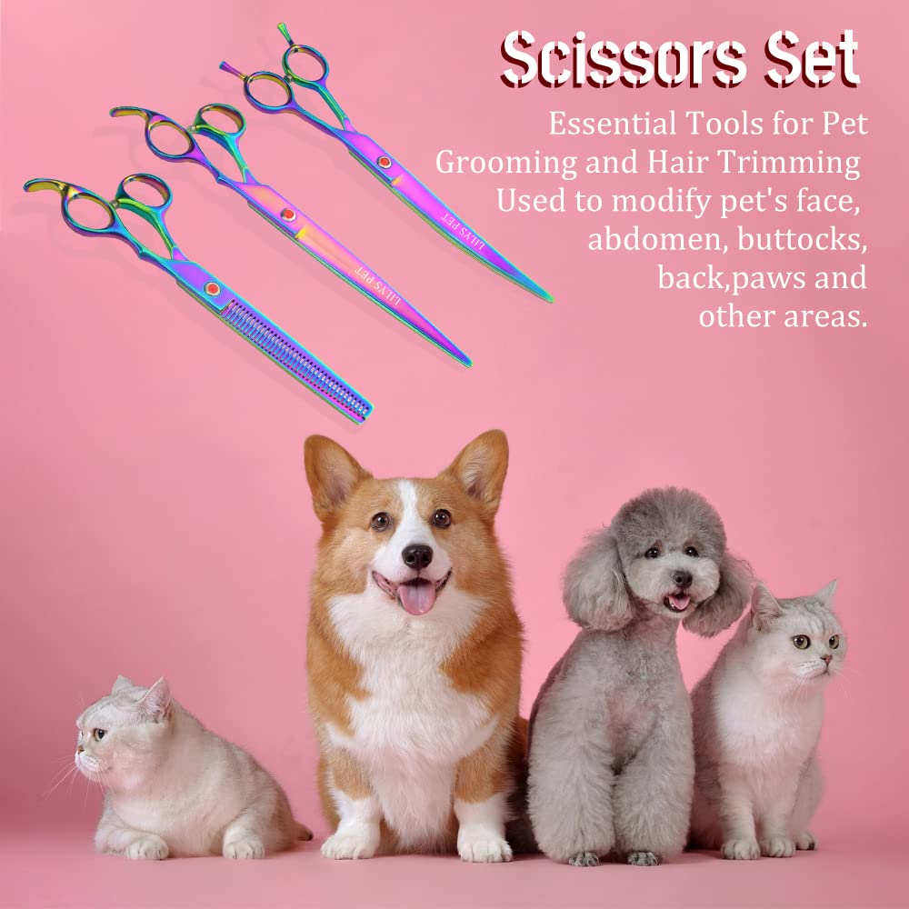 Lilys Pet High-End Series Japan 440C Stainless Steel Professional Pet Grooming Scissors Set,Rainbow Color,Cutting&Thinning&Two-Way Curved Shears Set (8.0')