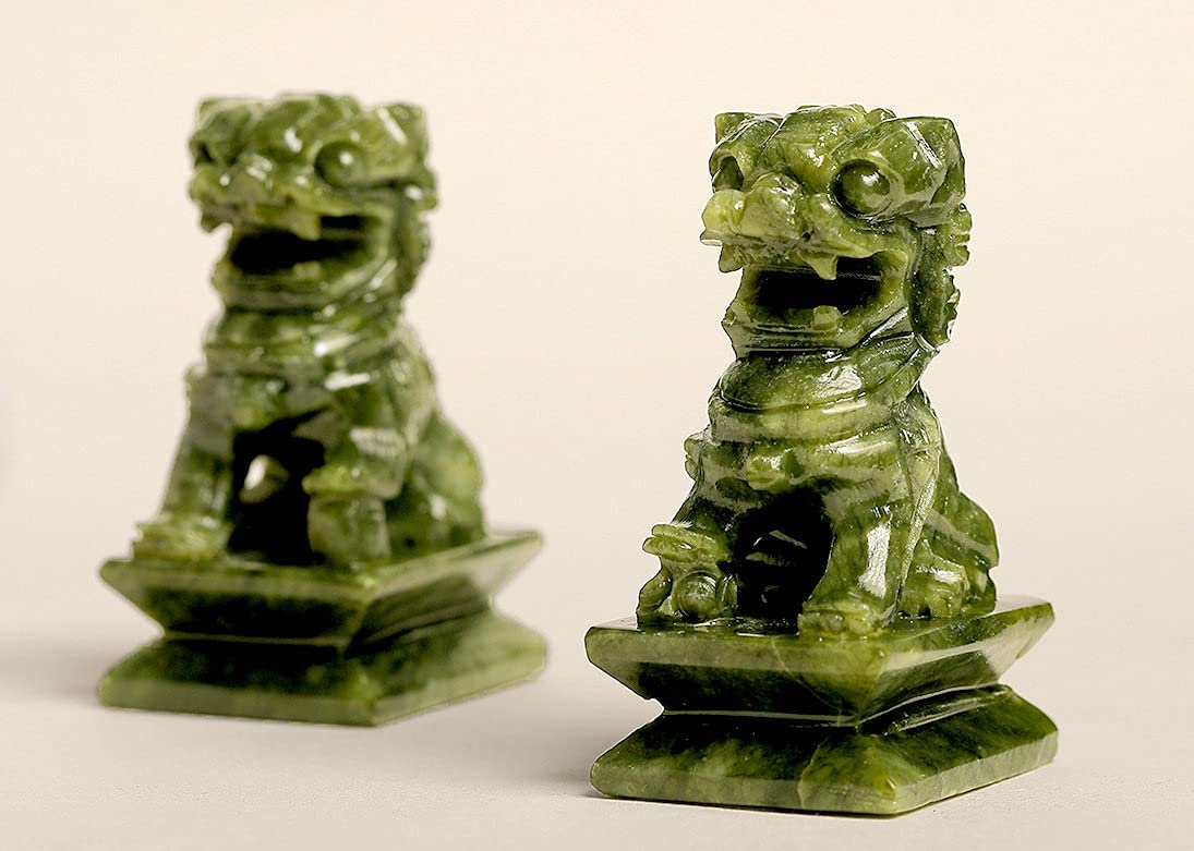 A Pair Natural Green Jade Carved Feng Shui Fu Foo Dog Guardion Door Lion (2.8'' H X 1.8'' L X 1.2'' W (Inch) 0.7Lb)