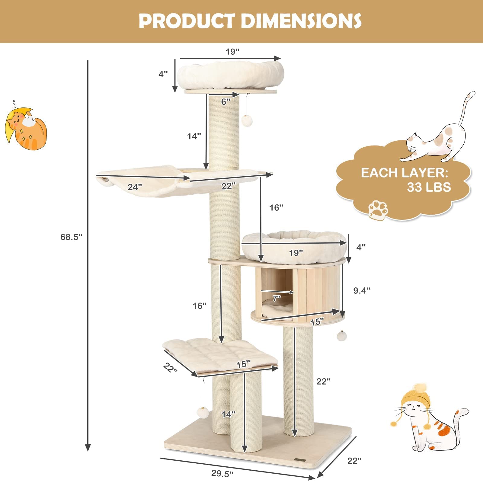Tangkula Modern Cat Tree, Multi-Level Large Cat Tower W/Cat Condo, Hammocks & Hanging Basket, Tall Cat Tree W/Sisal Posts, Washable Cushions, Wood Cat Trees And Towers For Indoor Large Cats