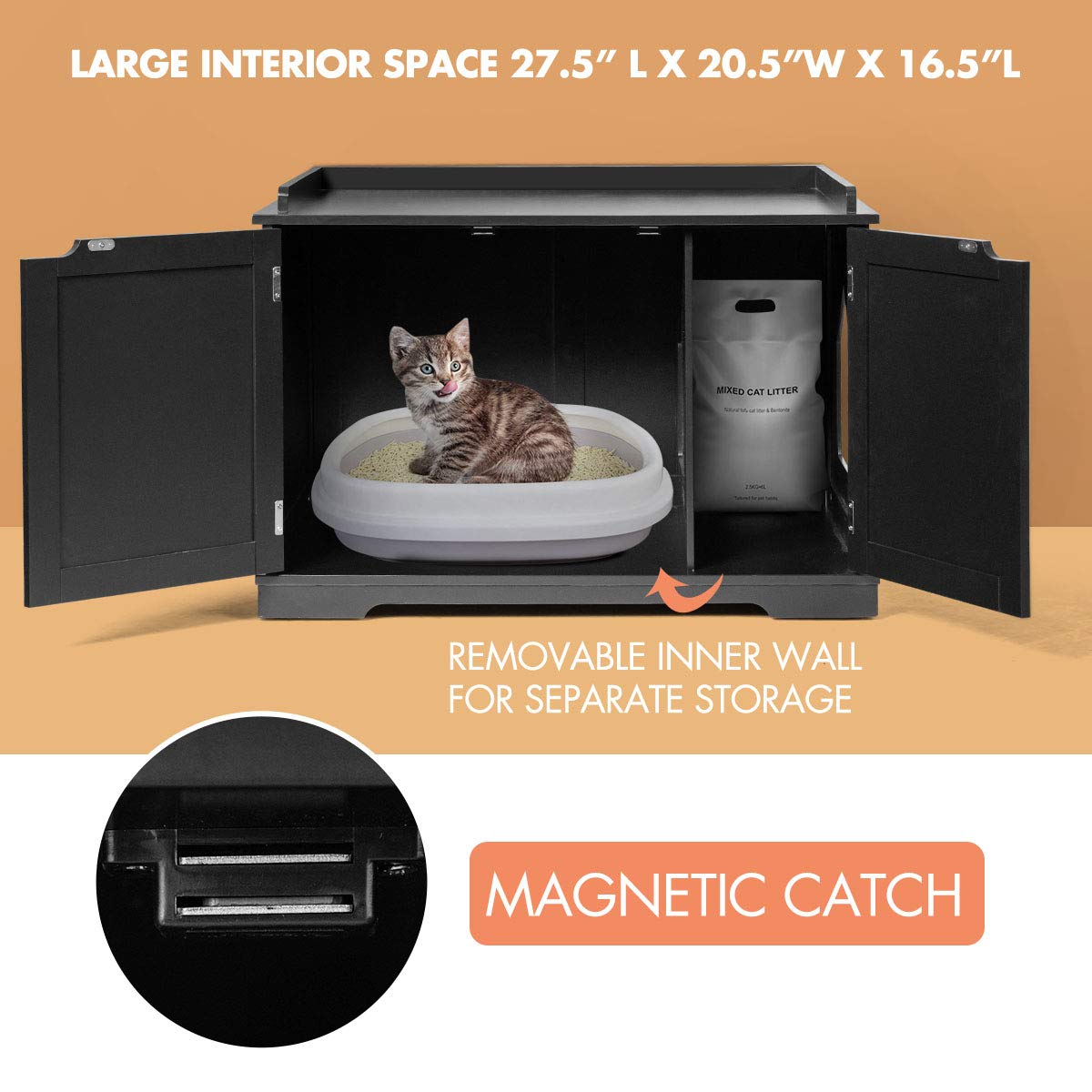 Tangkula Litter Box Enclosure, Cat Litter Box Furniture Hidden, Nightstand Pet House With Double Doors, Indoor Decorative Cat Box Cabinet, Cat Washroom Storage Bench For Large Cat Kitty