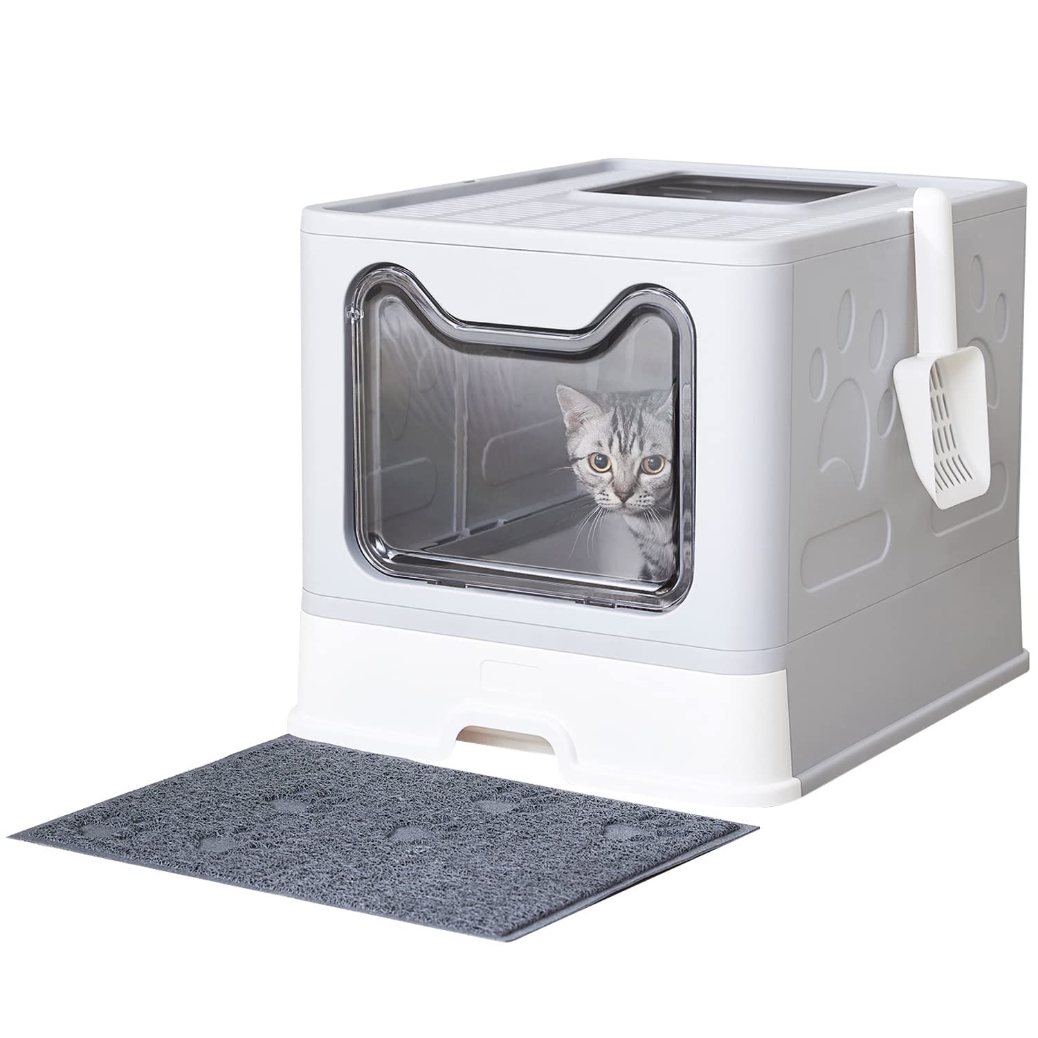 Medario Cat Litter Box With Mat And Scoop, Large Foldable Litter Box With Lid, Front Entry Top Exit Kitty Litter Box, Odor Control Easy Clean (Grey)