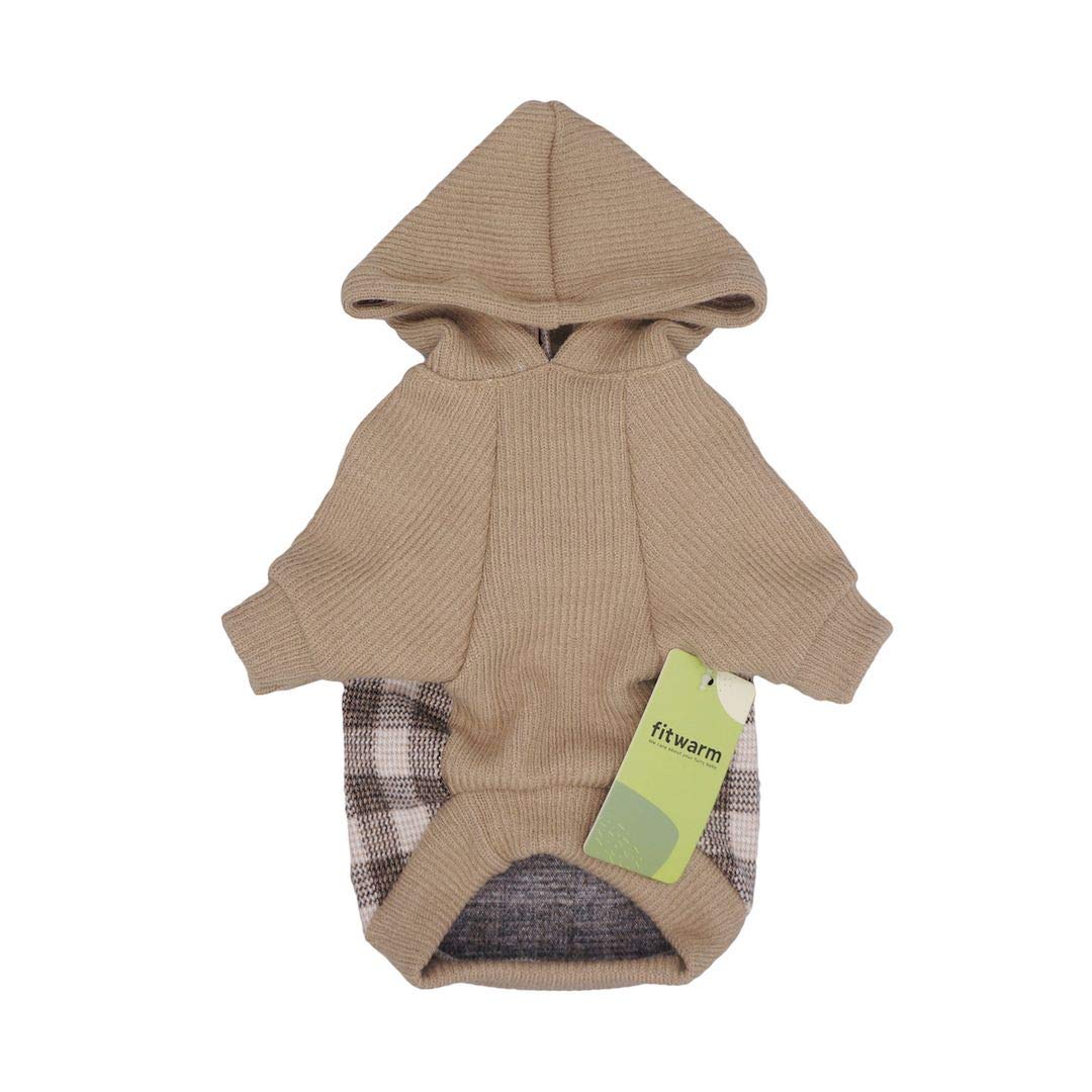 Fitwarm Tartan Plaid Dog Hoodie, Knitted Dog Clothes for Small Dogs Boy, Pet Sweatshirt, Knitted Sweater, Beige, Large