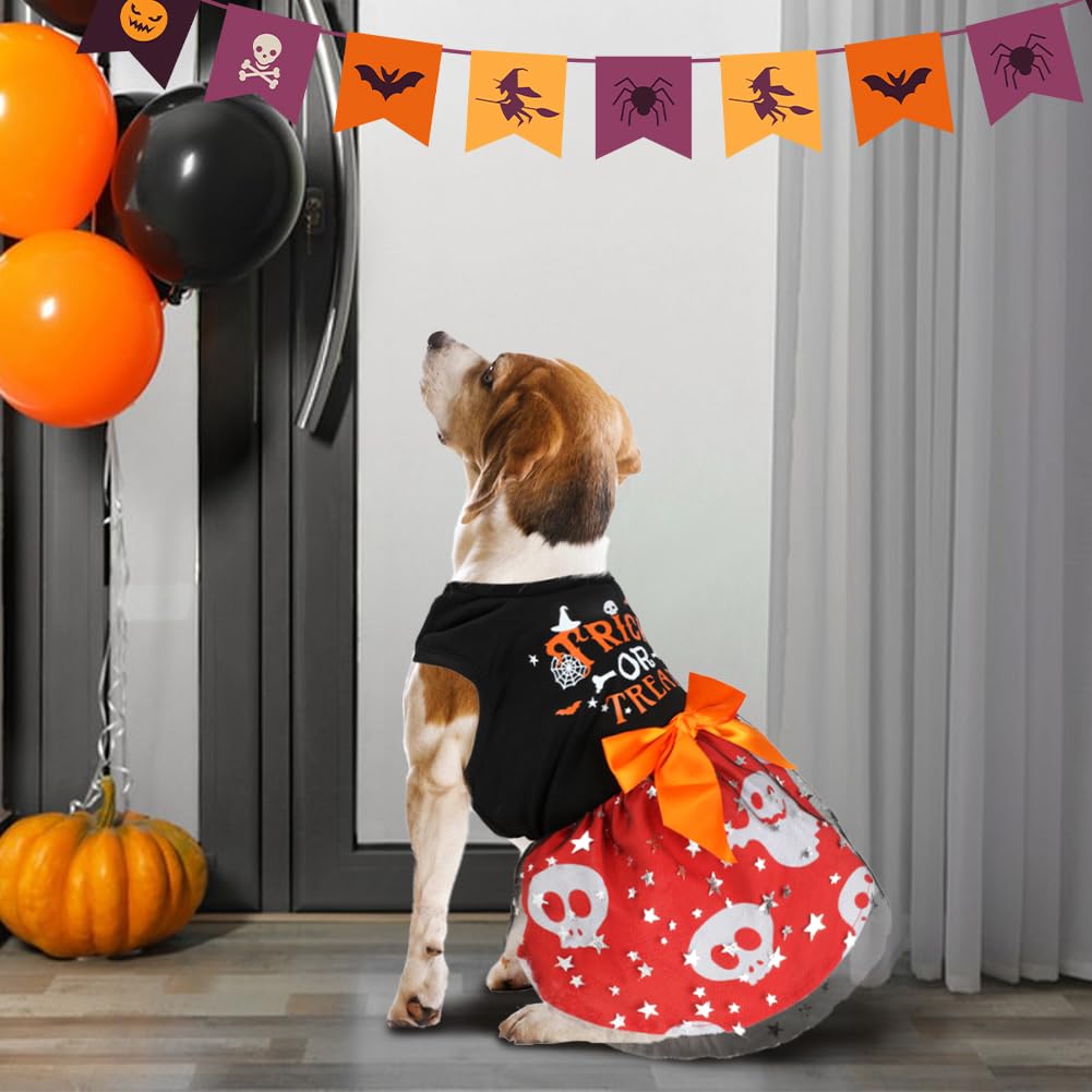 Funny Puppy Dress With Bow - Small & Large Dog Halloween Costumes, Pumpkin Witch Bat Pet Dress - X-Small, Trick Or Treat