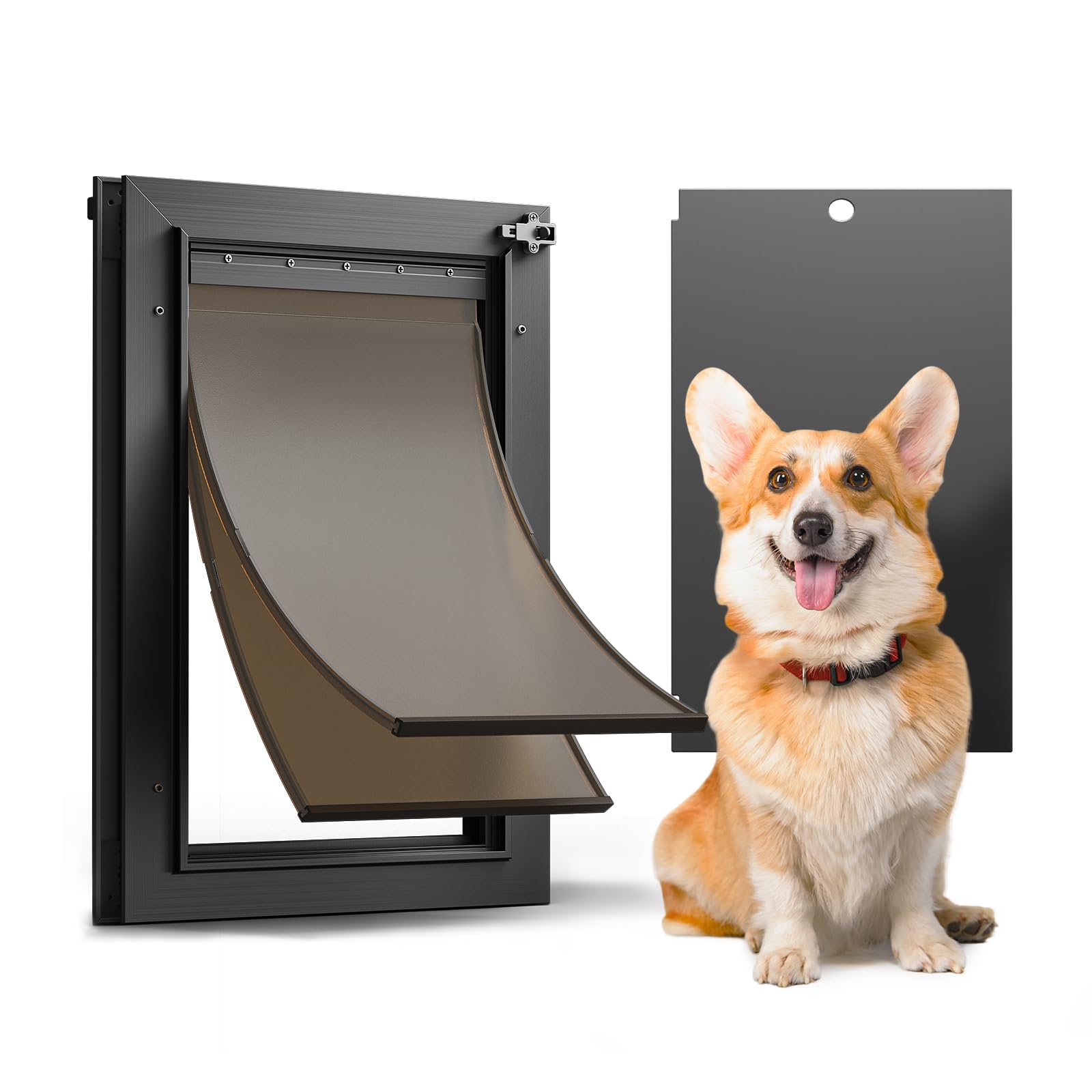 Dog Door For Door, Doggy Door Doggie Door, Medium Dog Door All Aluminum Black, Heavy Duty Pet Door, Double Magnetic Flaps, Therm