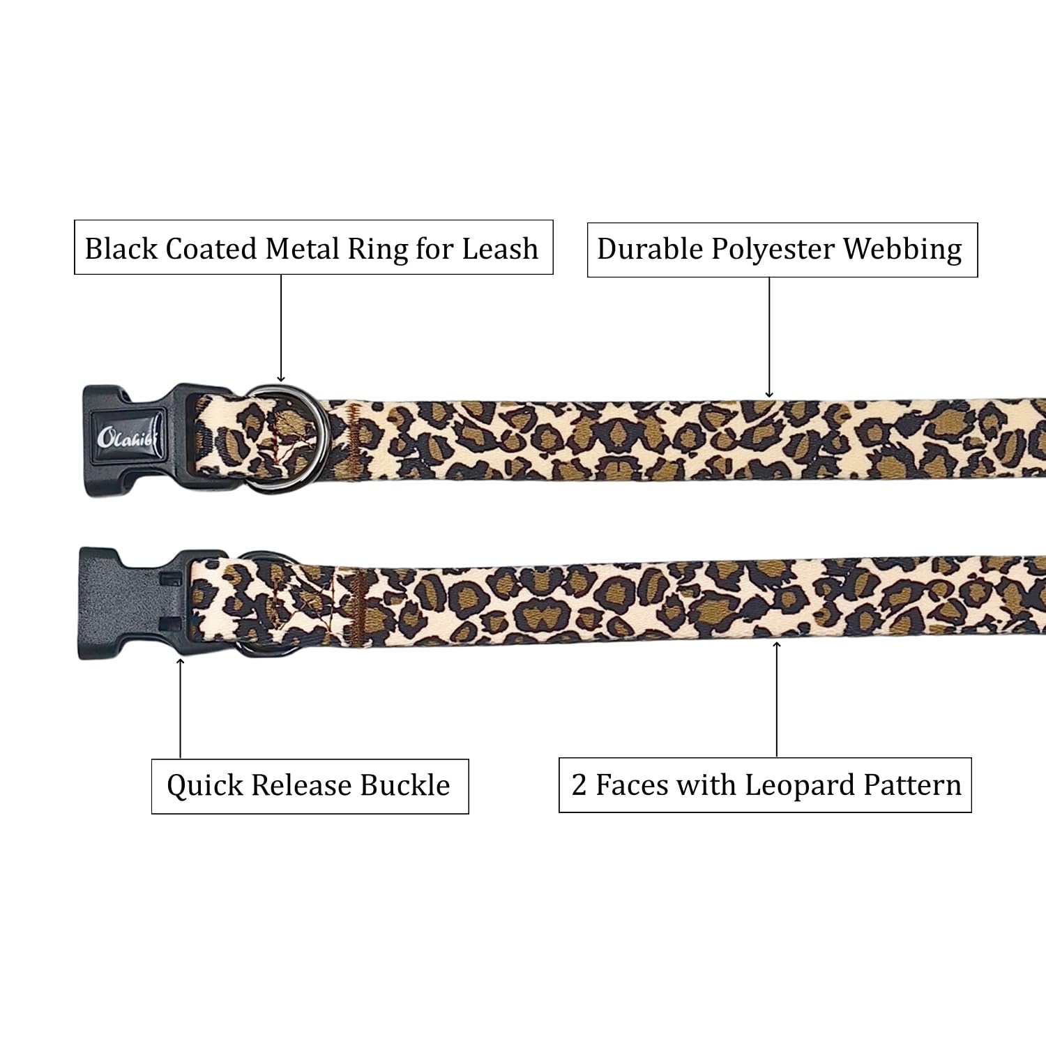 Olahibi Basic Dog Collar, Leopard Pattern, Soft And Durable Polyester Material, Adjustable Length, For Medium Dogs.(Medium, Brow