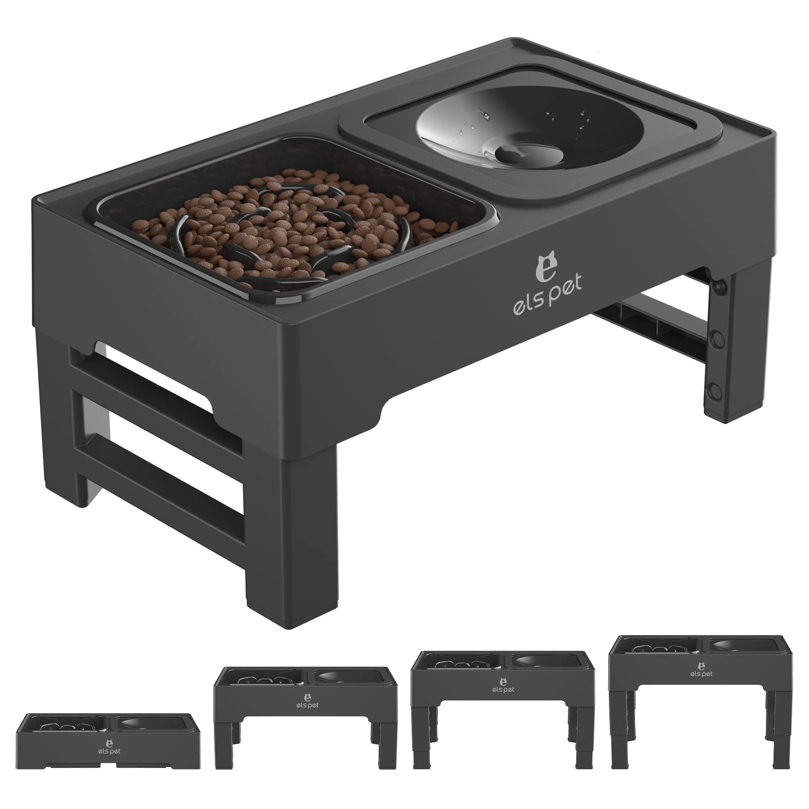 ELS PET Elevated Dog Bowls, Adjustable Raised Dog Bowls with No Spill Dog Water Bowl and Stainless Steel/Slow Feeder Dog Bowl, D