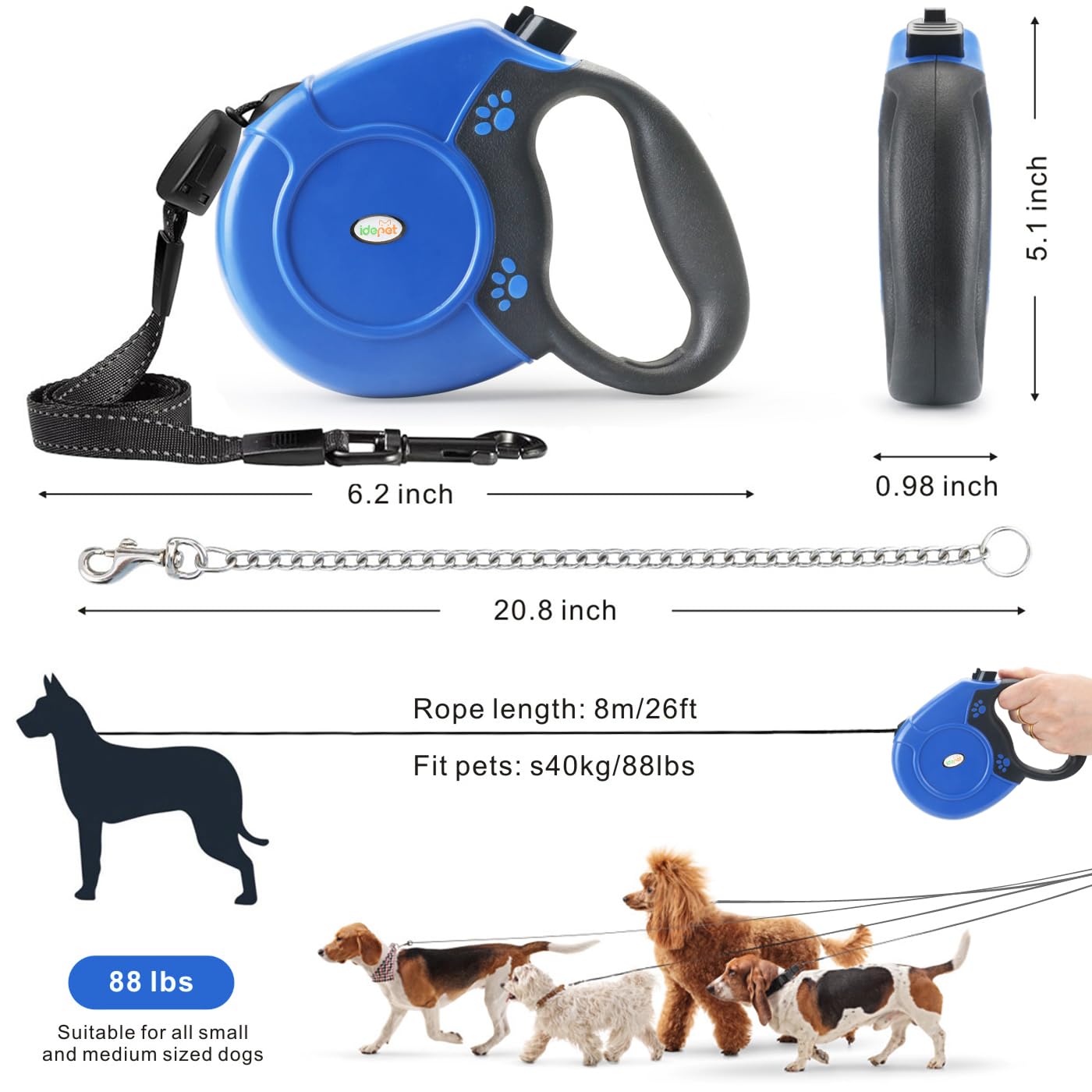 Idepet Heavy Duty Retractable Dog Leash For Small And Medium Dogs, Anti-Chewing Steel Chain Design,360 Degreetangle-Free,Break A