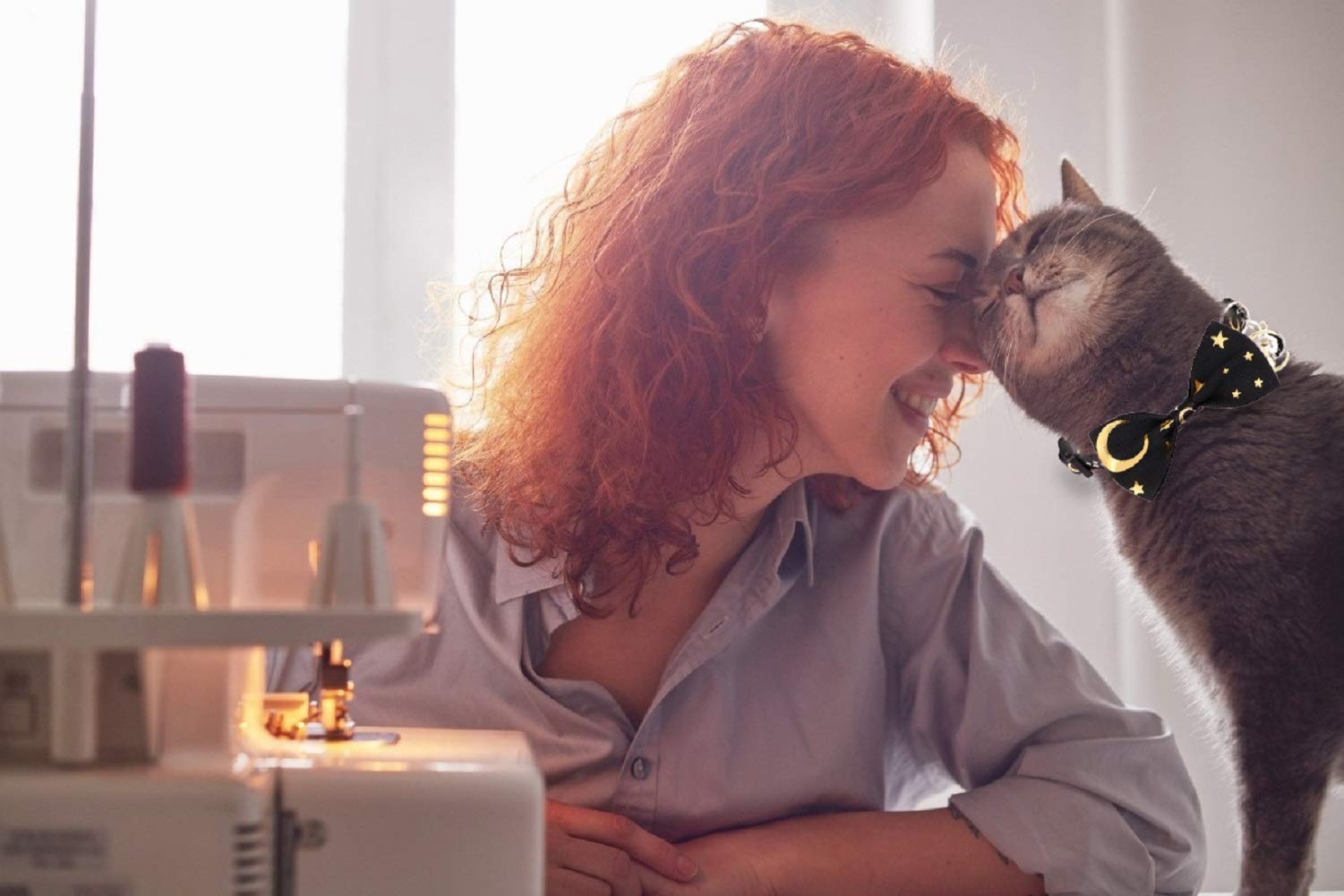 2 Pcs Breakaway Cat Collar With Bow Tie And Bell Golden Moon Glowing Star In The Dark For Kitten(Black&Pink)