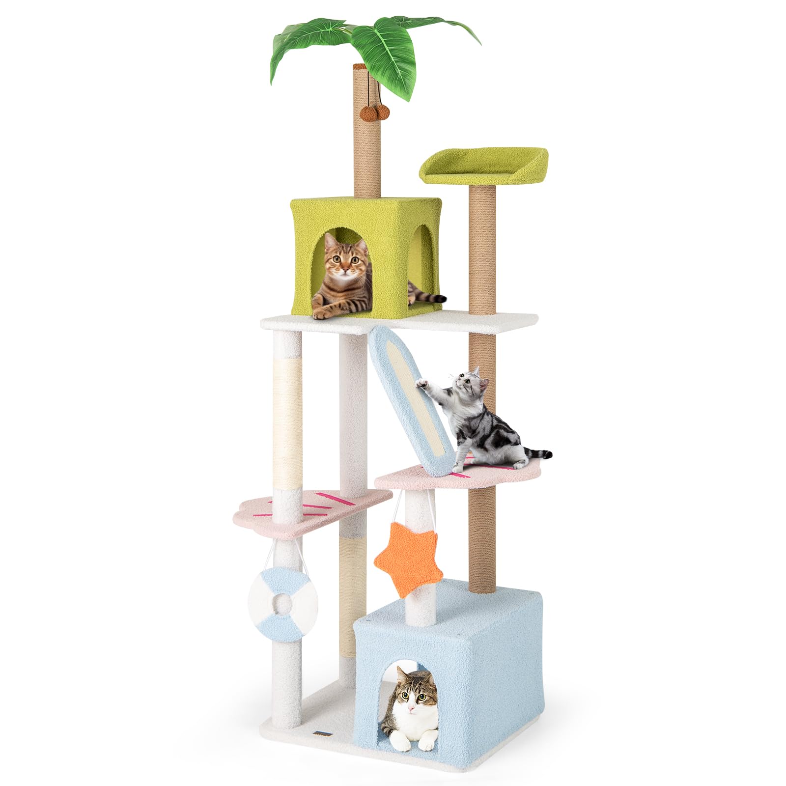 PETSITE 71 Inch Beach-Themed Tall Cat Tree, Multi-Level Cat Tower with Scratching Posts, Dual Condos, Ramp, Faux Plant Leaves, a
