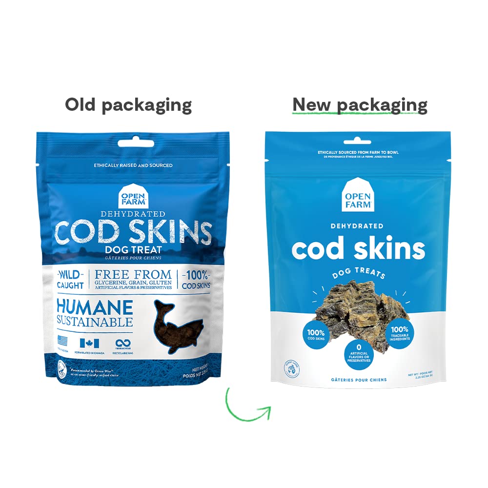 Open Farm Dehydrated Cod Skin Grain-Free Dog Treats, One-Ingredient Gently Cooked Pacific Fish Recipe with No Artificial Flavors
