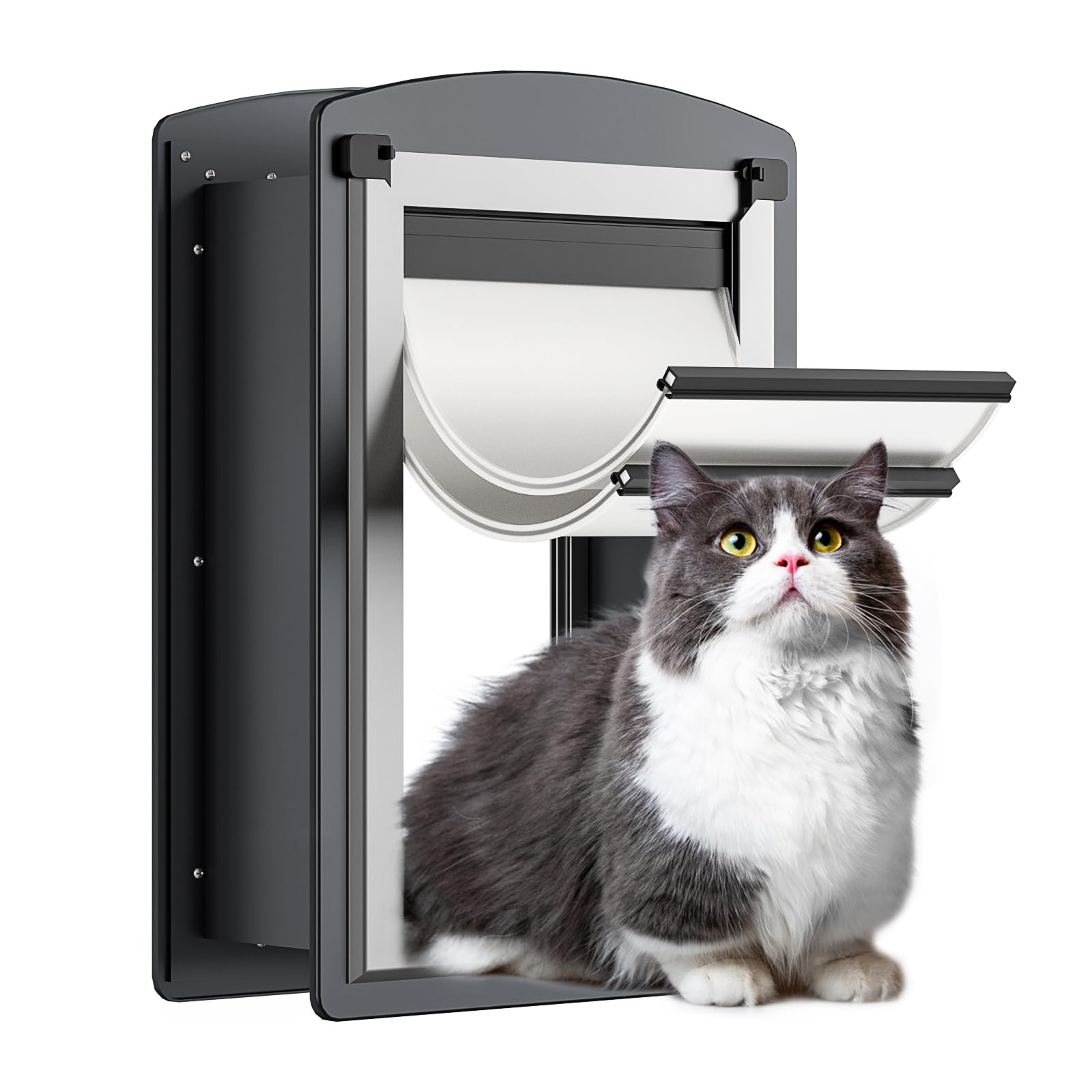 Freestanding Cat Door For Wall, Steel Frame Cat Doors With Telescoping Tunnel, Magnetic Double Flaps And 2 Security Lock Panels,
