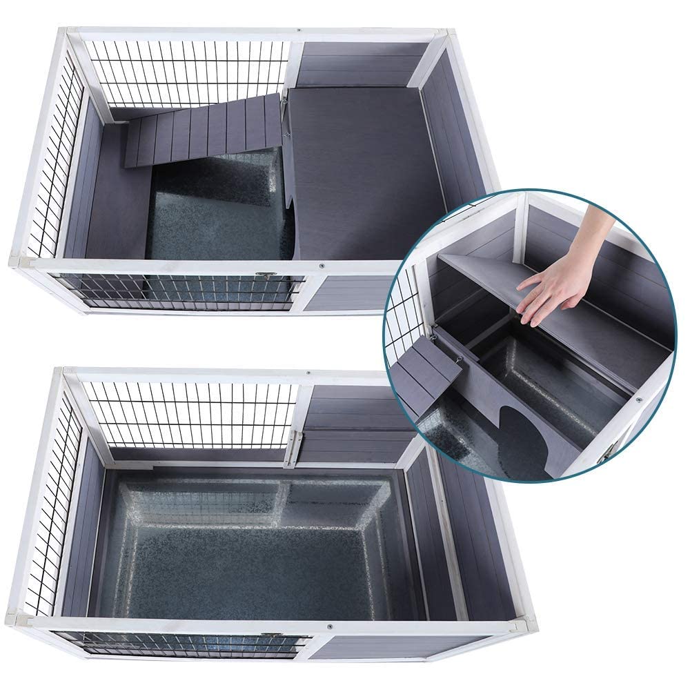 PETSFIT Guinea Pig House Leak Proof Design, Spruce Wood Rabbit Hutch with Bottom Net Hideout for Rest and Ramp for Enter and Out